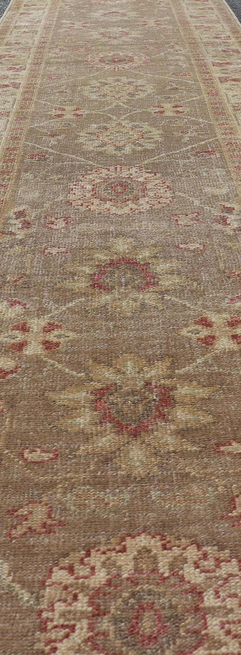 Long Turkish Oushak Runner with All-Over Design in Light Brown, Tan & Red For Sale 2