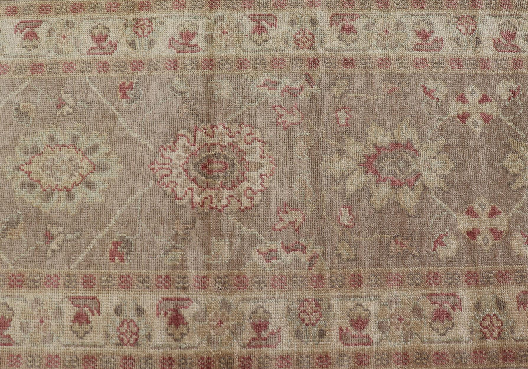 Long Turkish Oushak Runner with All-Over Design in Light Brown, Tan & Red For Sale 3