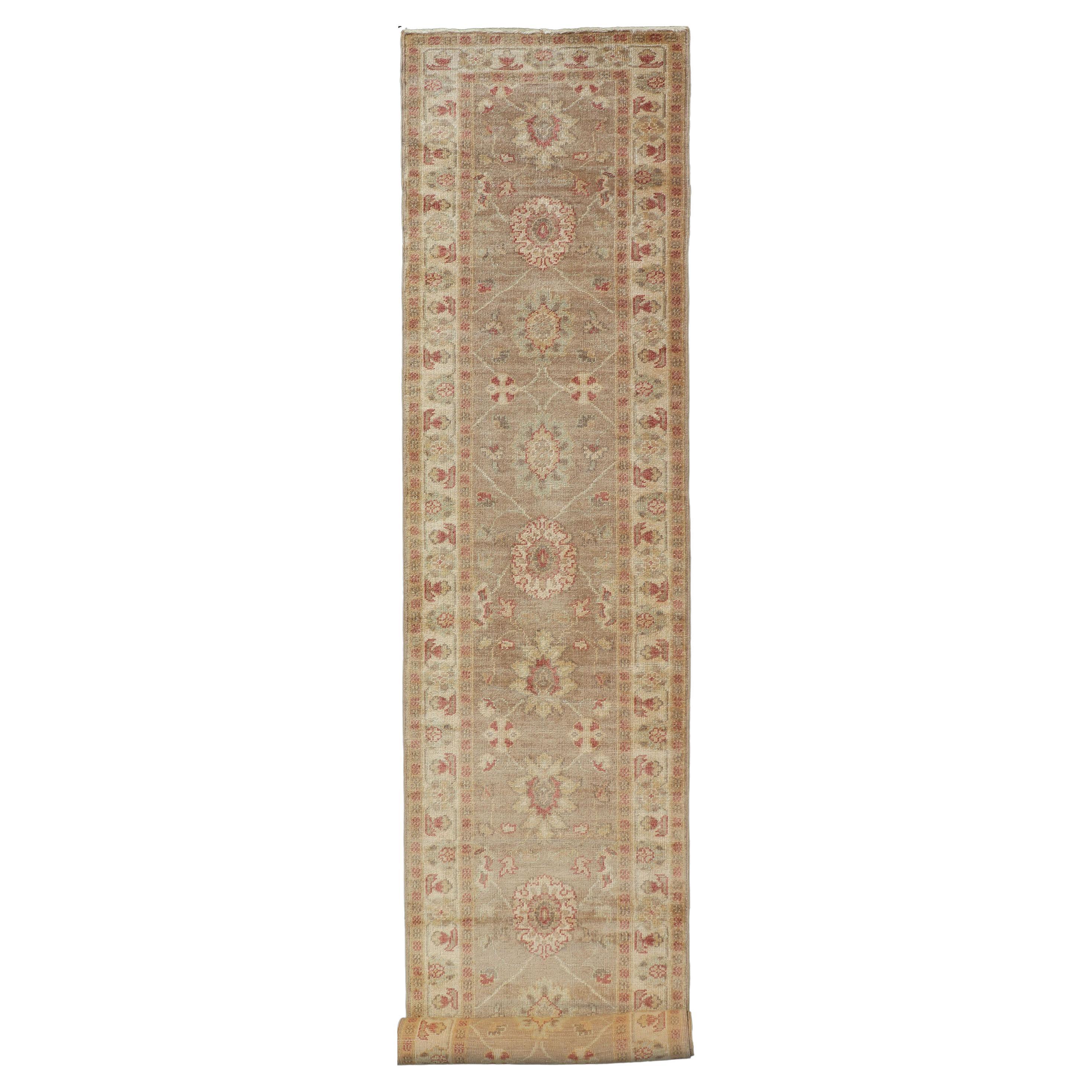 Long Turkish Oushak Runner with All-Over Design in Light Brown, Tan & Red