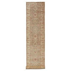 Vintage Long Turkish Oushak Runner with All-Over Design in Light Brown, Tan & Red