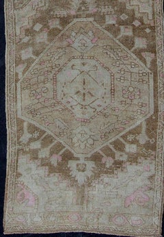 Long Turkish Runner with Medallion Design in Wheat, Brown, Ivory & L.Lavender