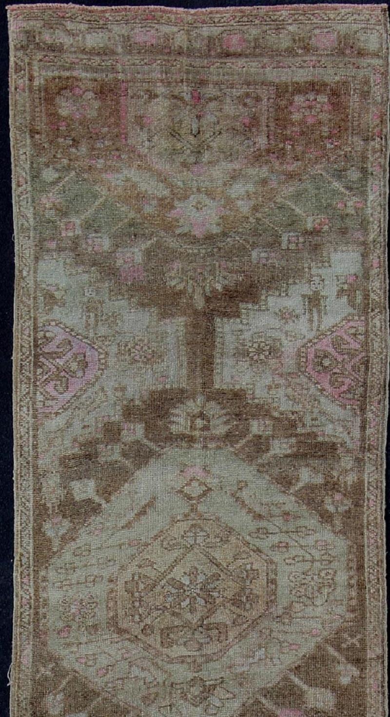 Hand-Knotted Long Turkish Runner with Medallion Design in Wheat, Brown, Ivory & L.Lavender For Sale