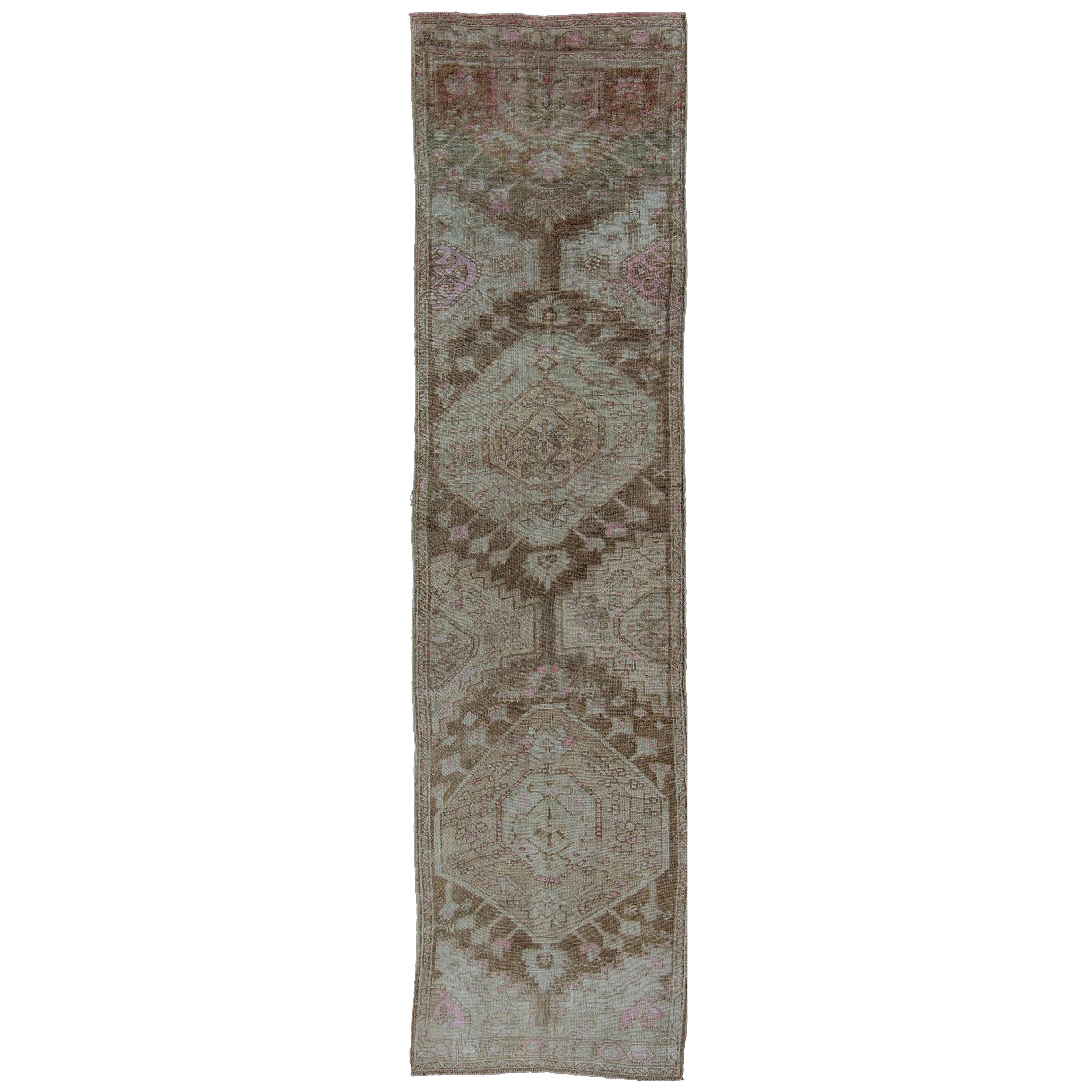 Long Turkish Runner with Medallion Design in Wheat, Brown, Ivory & L.Lavender For Sale