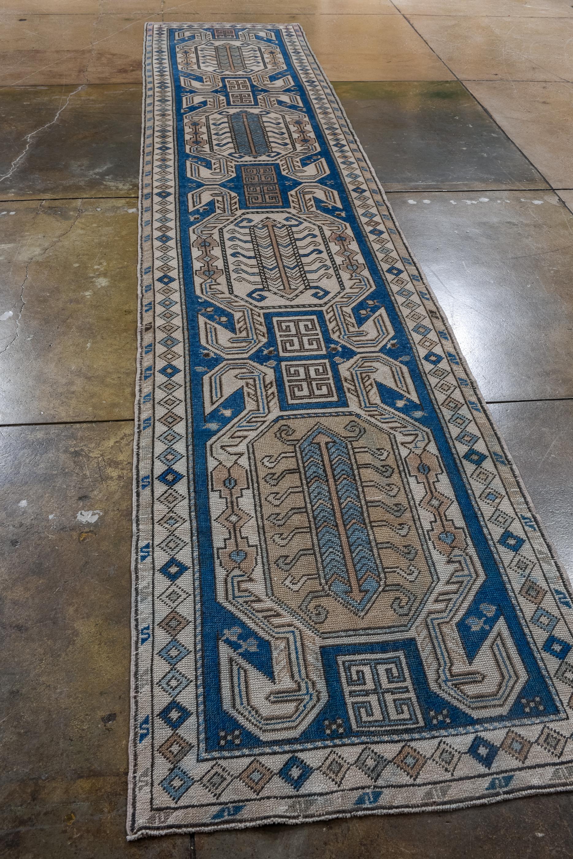 Hand-Knotted Long Turkish Runner with Royal Blue Ground For Sale