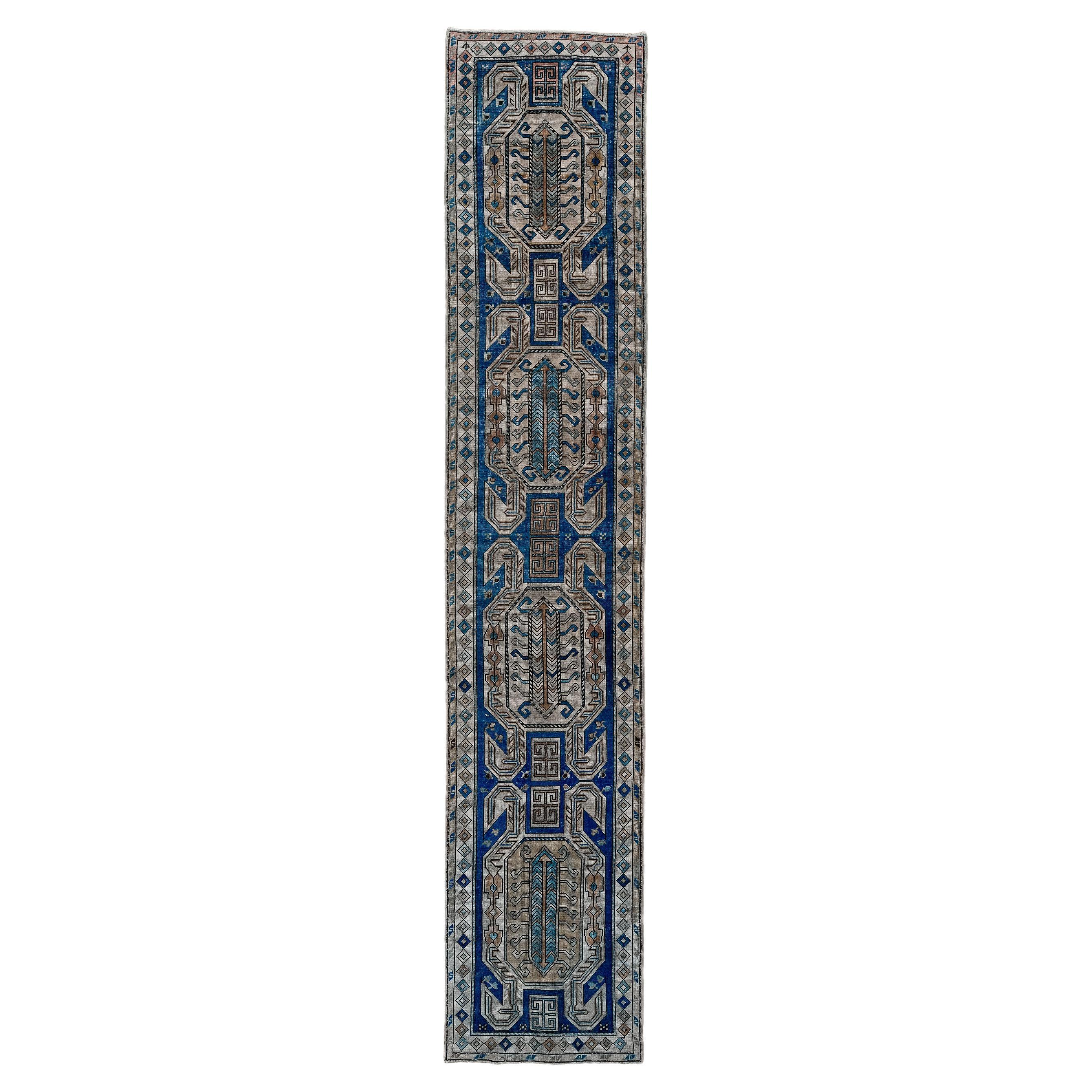 Long Turkish Runner with Royal Blue Ground For Sale