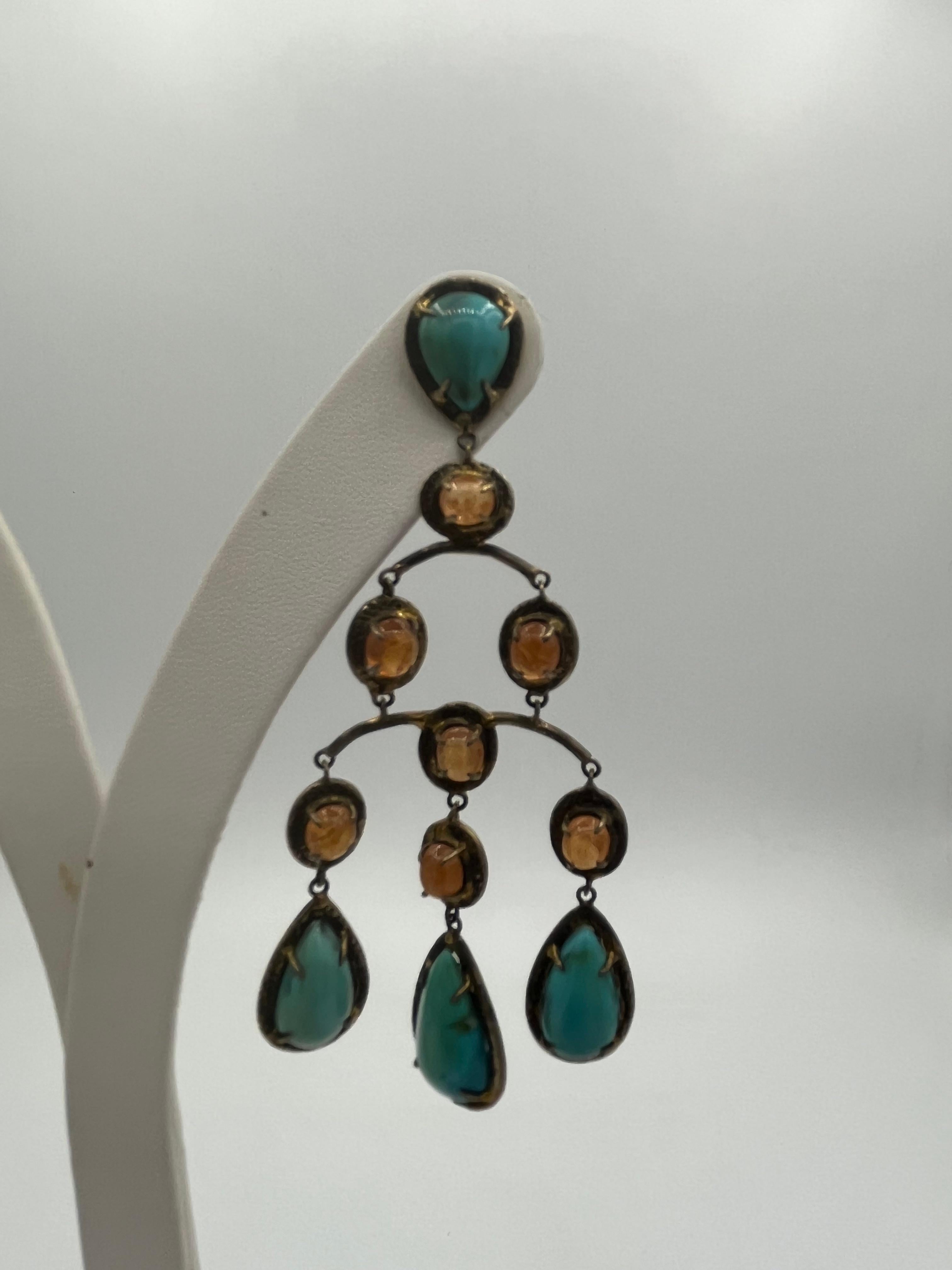 Long Turquoise, Amber Silver Earrings In New Condition For Sale In Bad Kissingen, DE