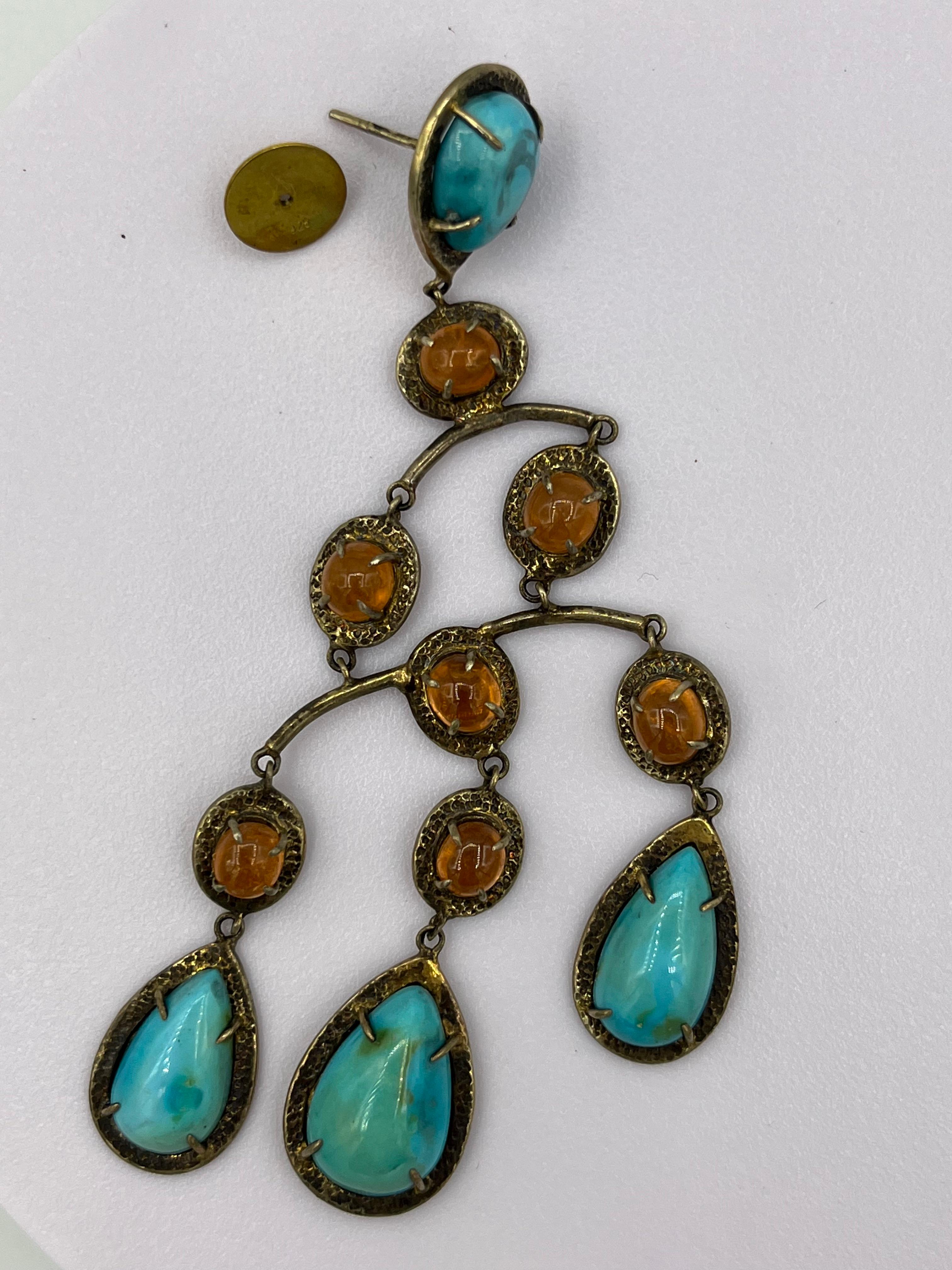 Long Turquoise, Amber Silver Earrings 4