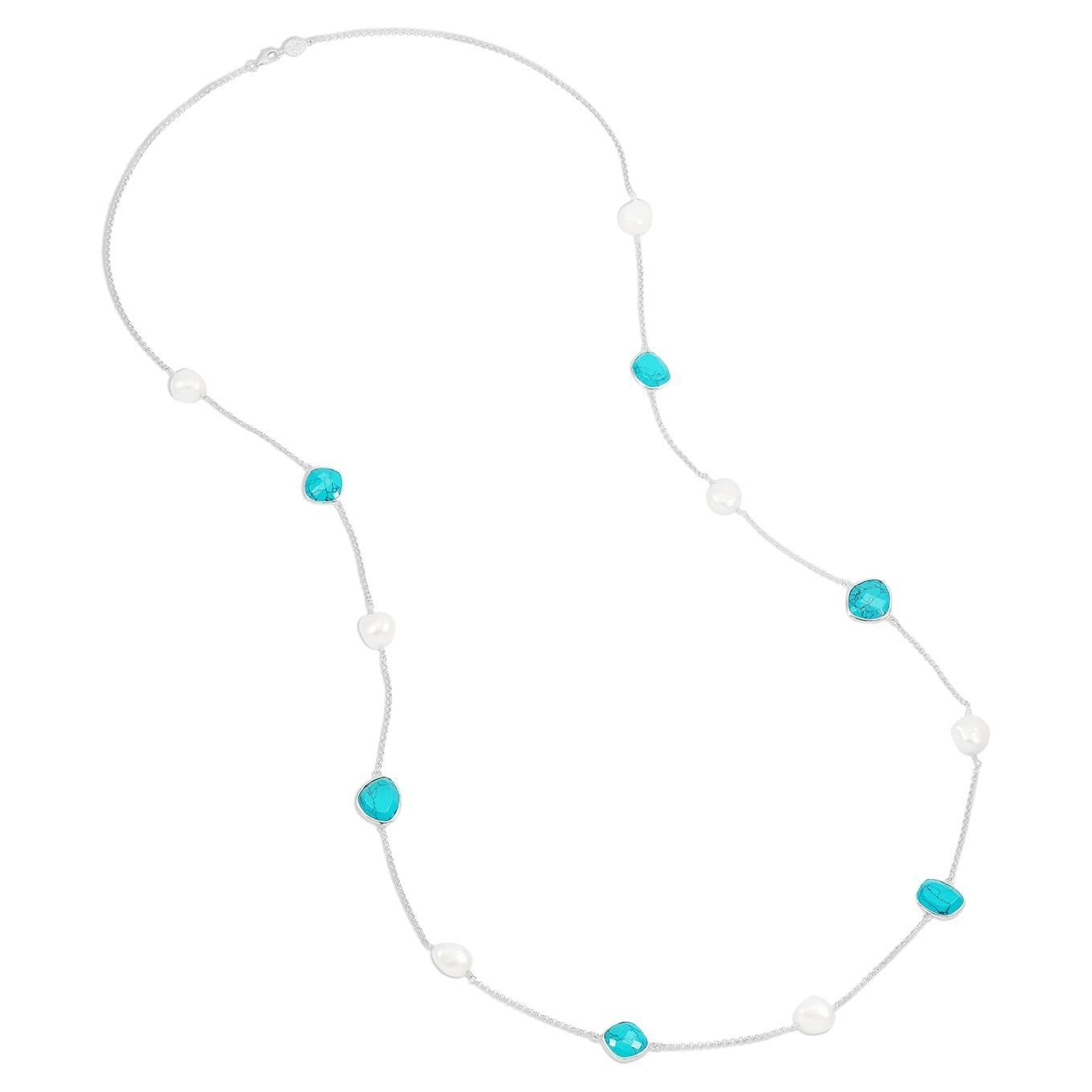 Long Turquoise & Baroque Pearl Necklace In Sterling Silver For Sale