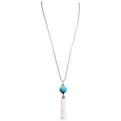 Long Turquoise, Diamond and Pearl Tassel Necklace