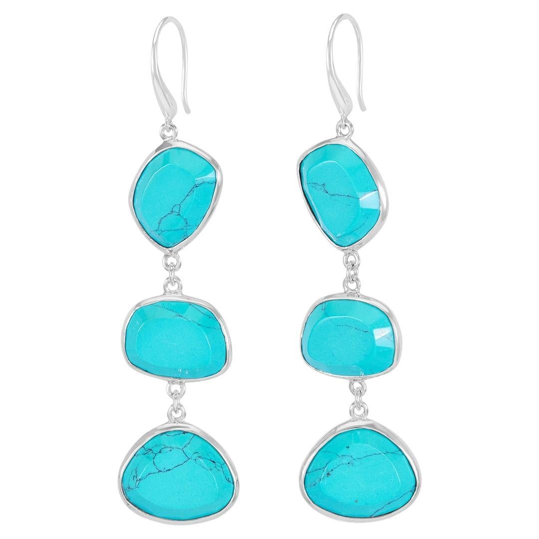 Long Turquoise Pebble Drop Earrings In Sterling Silver For Sale