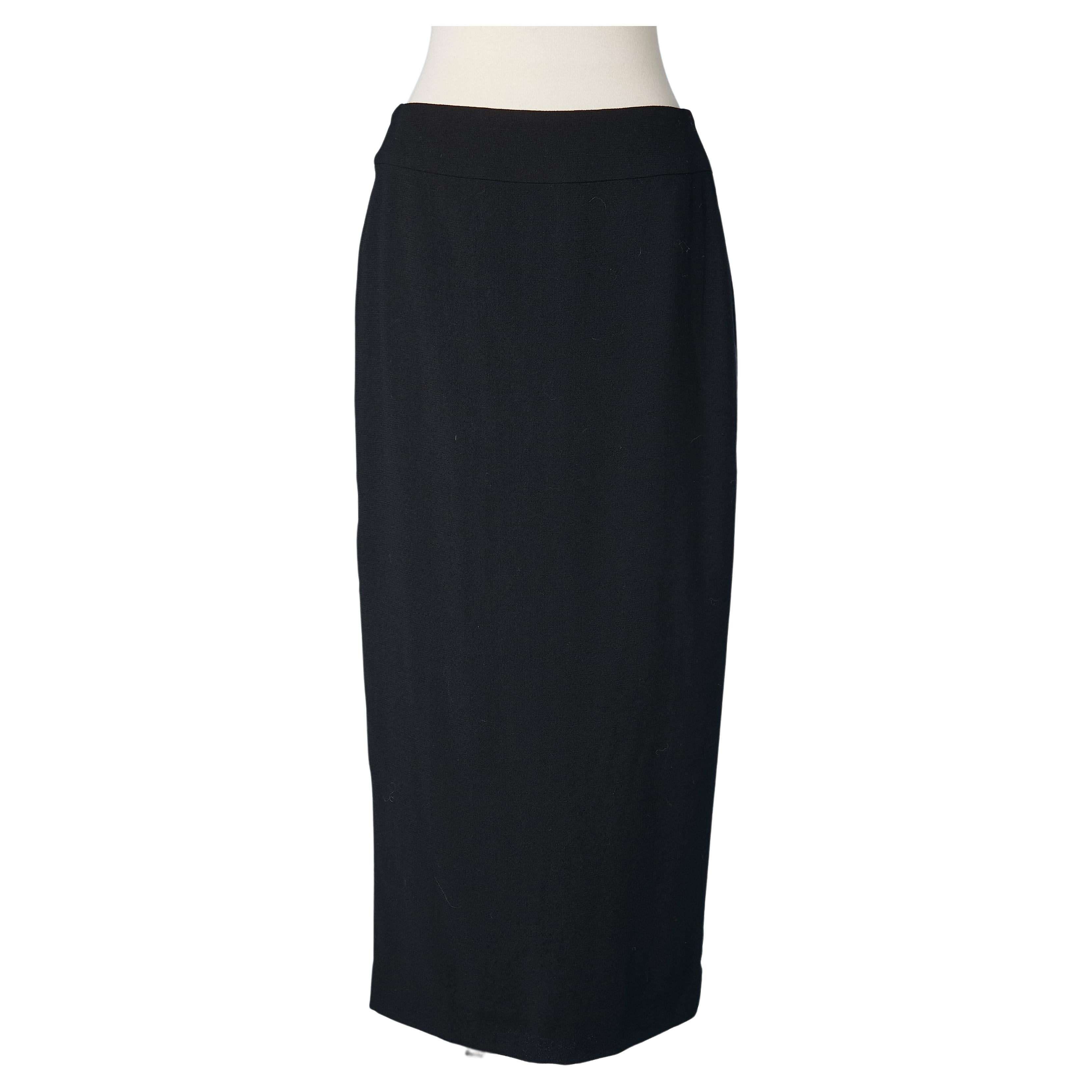 Long tuxedo black wool pencil skirt with silk branded lining Chanel  For Sale