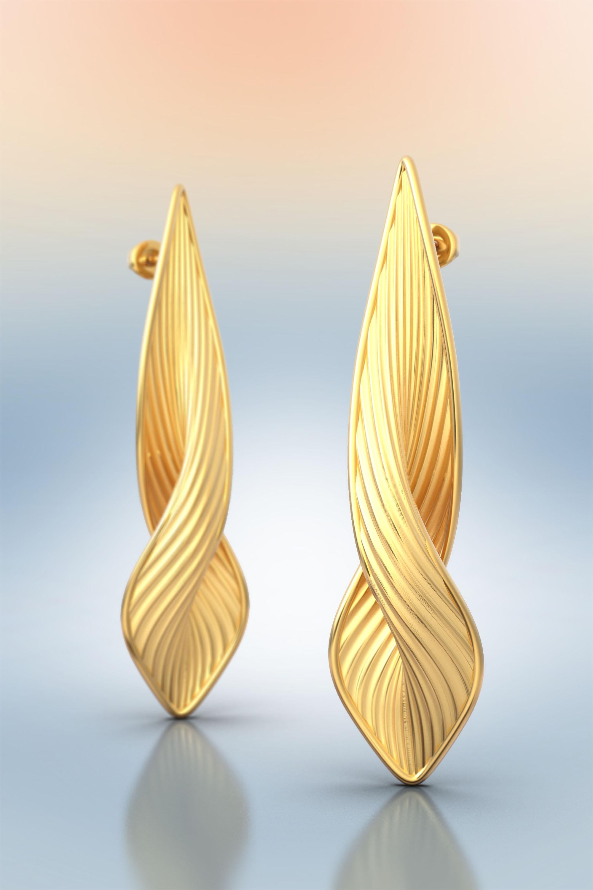 Contemporary Statement Earrings in solid gold 18k,  Italian fine jewelry made in Italy, long stud earring, modern and elegant earrings.
Earring length: 52 Millimeters; Width: 13 Millimeters
Available in yellow gold, rose gold and white gold, 18k or