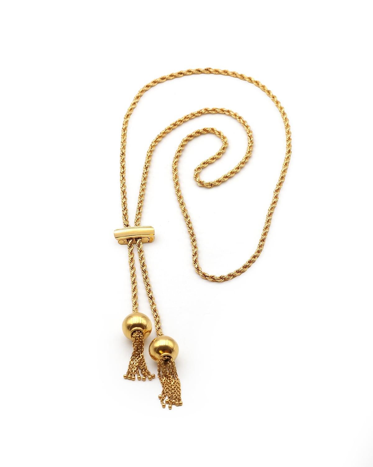Long twisted necklace with ball tassels in 18k solid gold, Italian vintage jewel In Good Condition For Sale In PARIS, FR