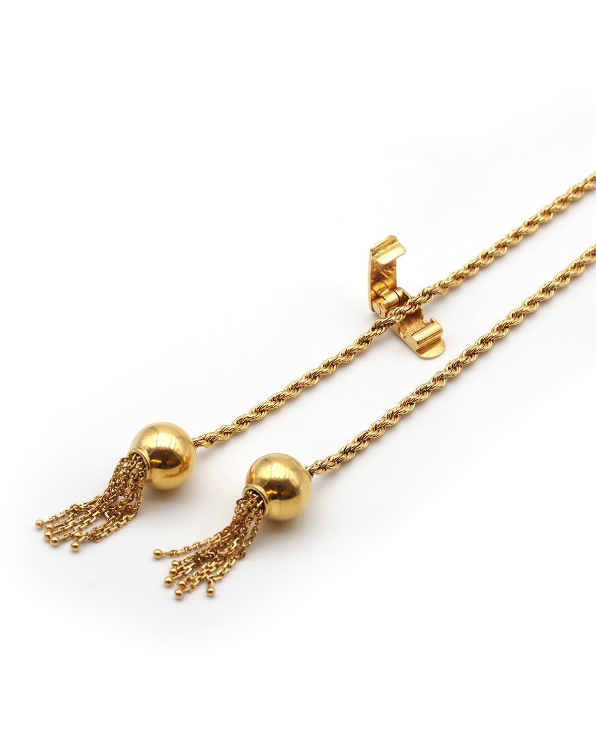Women's Long twisted necklace with ball tassels in 18k solid gold, Italian vintage jewel For Sale