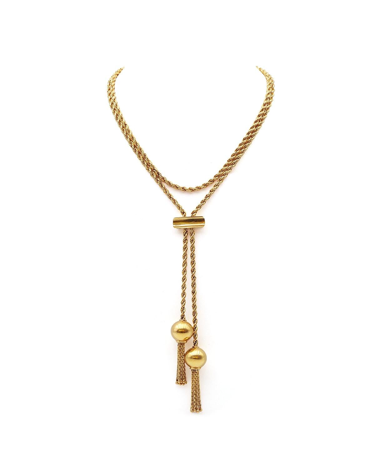 Long twisted necklace with ball tassels in 18k solid gold, Italian vintage jewel For Sale 1