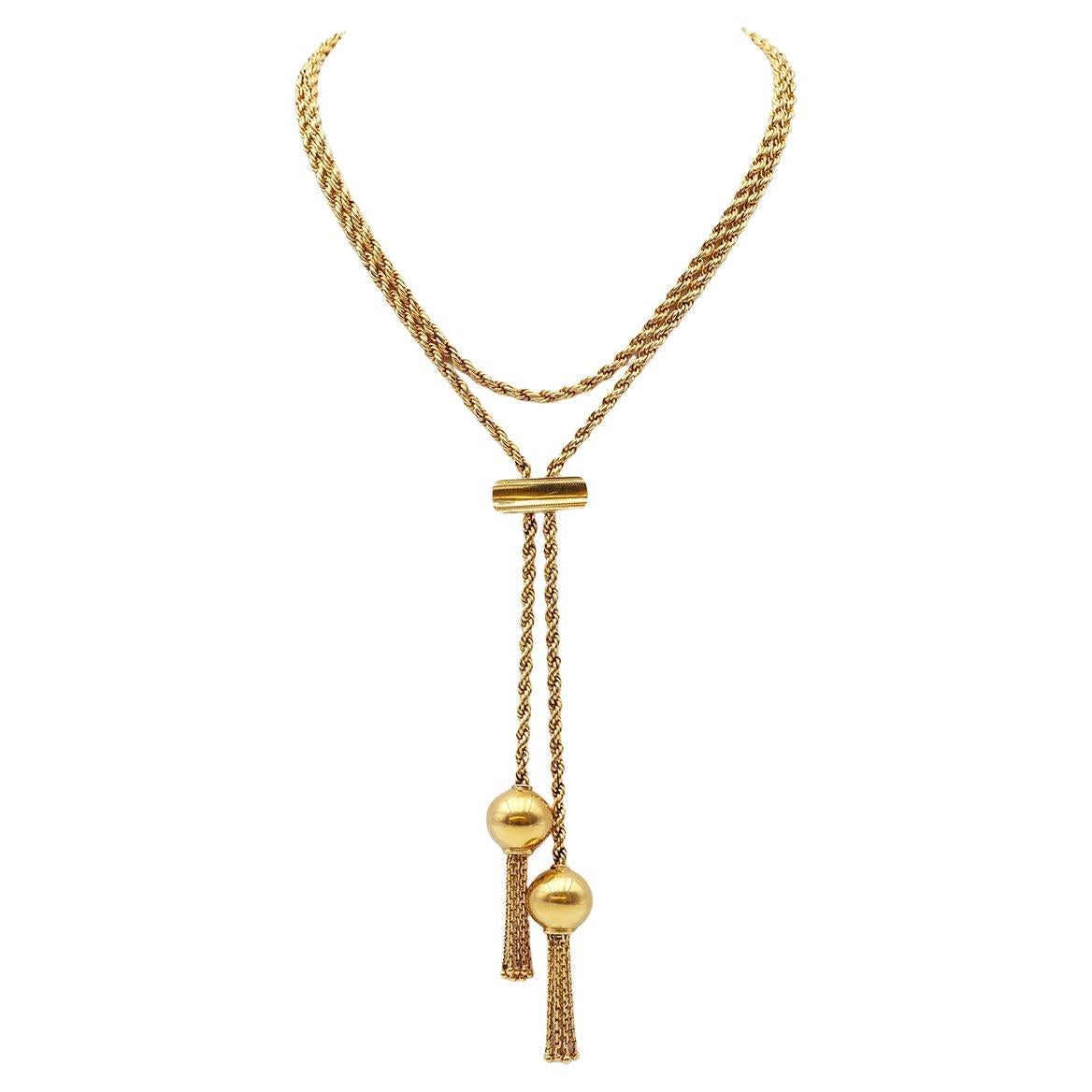 Long twisted necklace with ball tassels in 18k solid gold, Italian vintage jewel For Sale