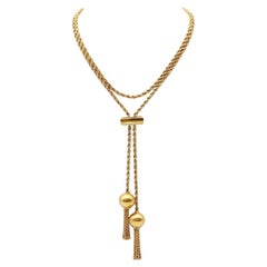 Long twisted necklace with ball tassels in 18k solid gold, Italian vintage jewel
