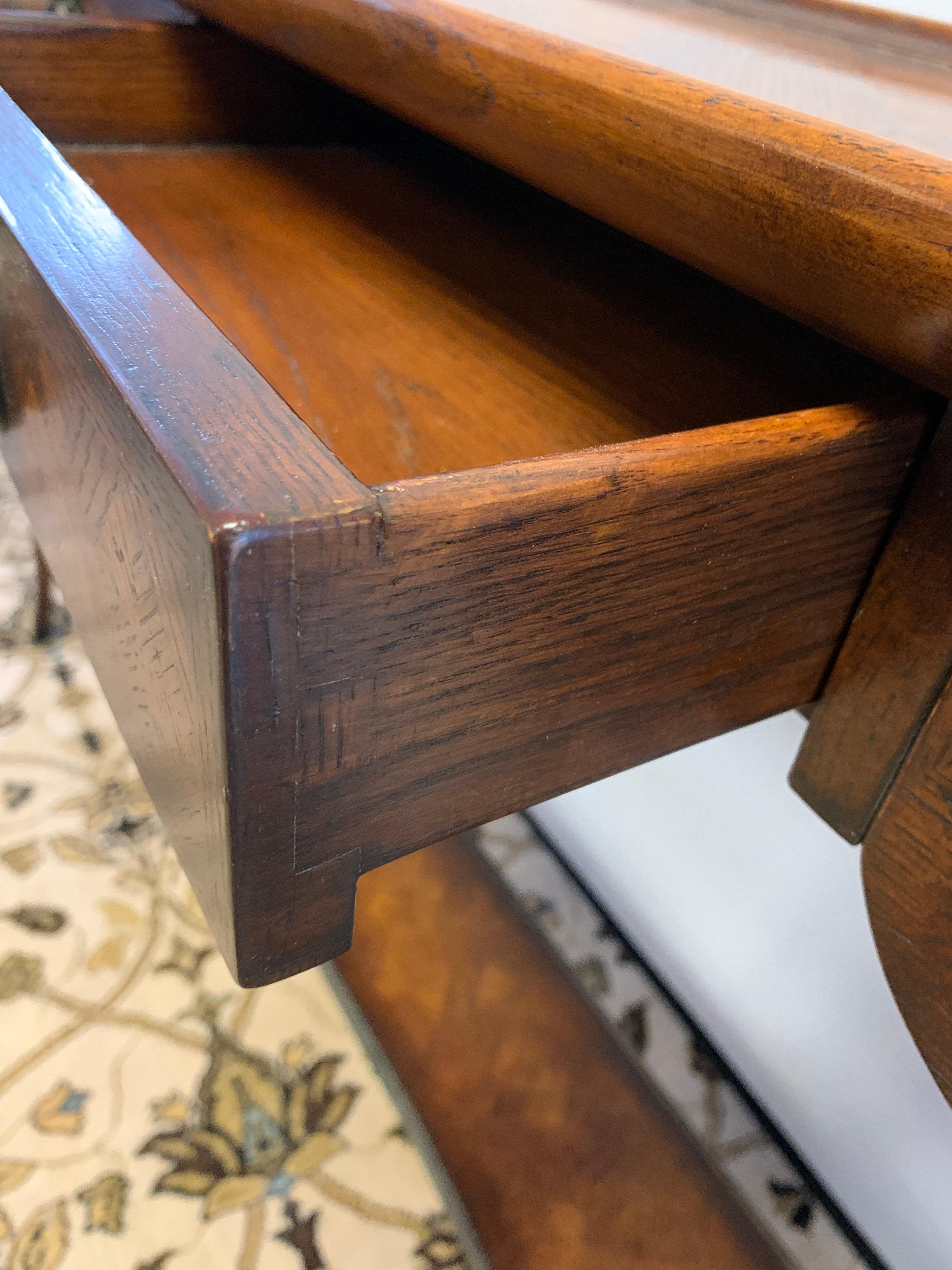 American Long Two-Tiered Burled Walnut Four Drawer Console Table