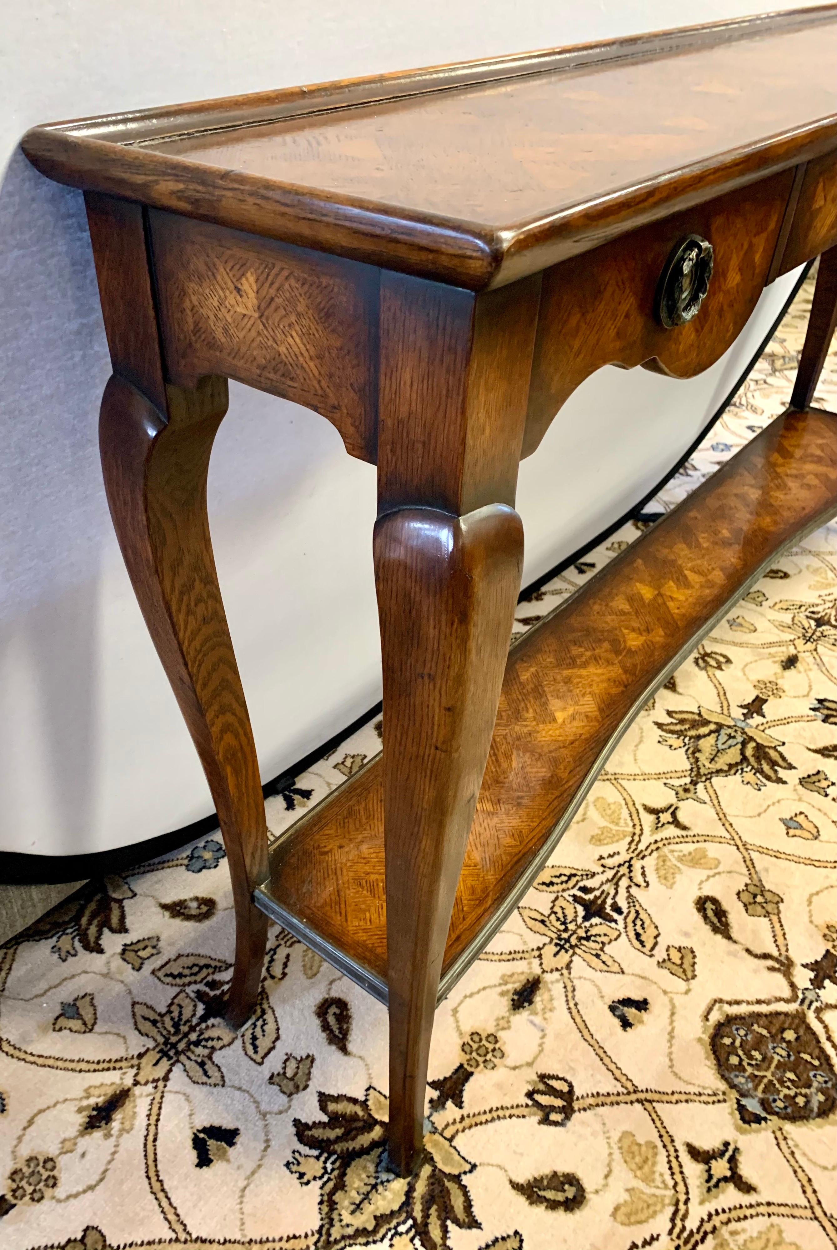 Long Two-Tiered Burled Walnut Four Drawer Console Table 1