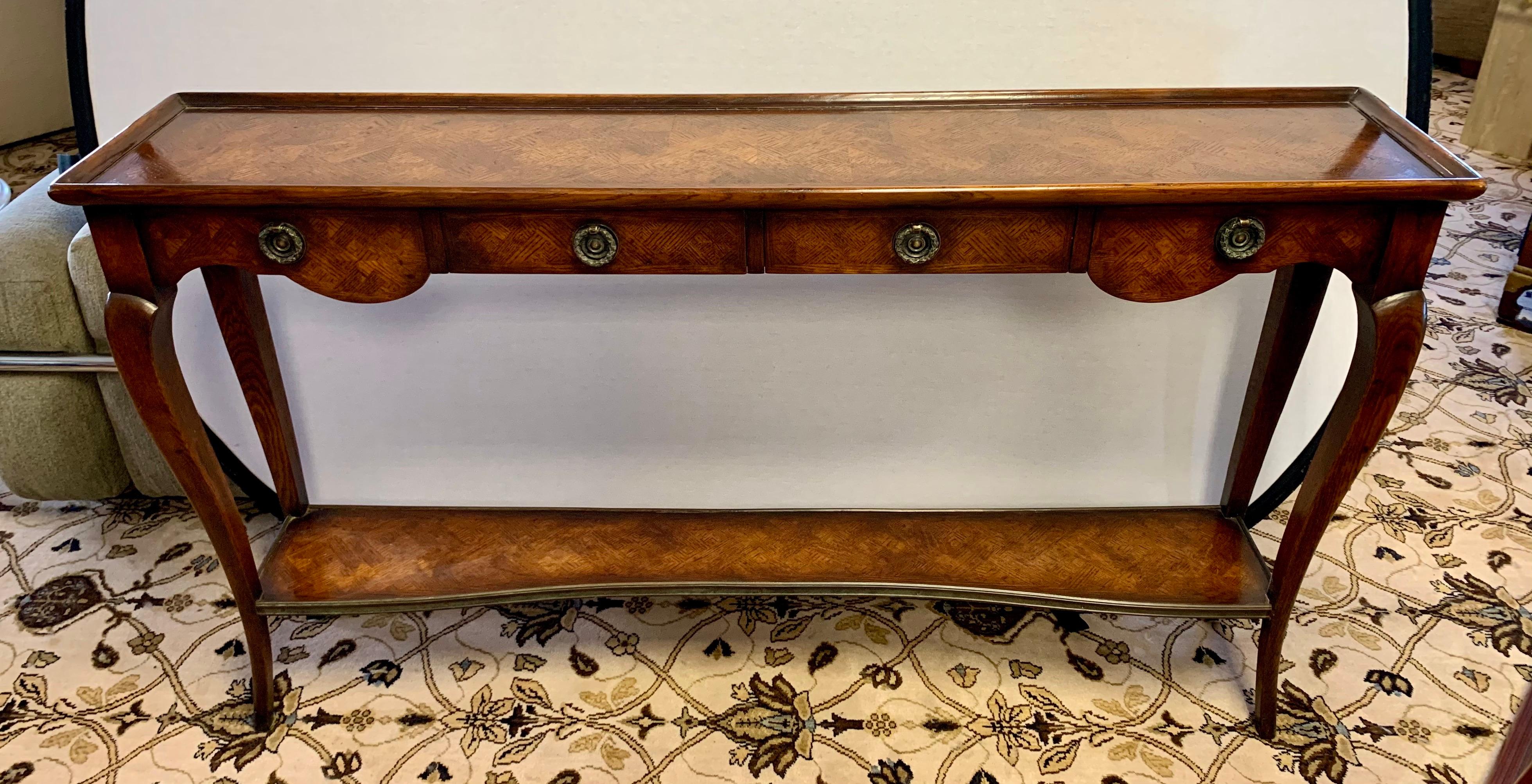 Long Two-Tiered Burled Walnut Four Drawer Console Table 2