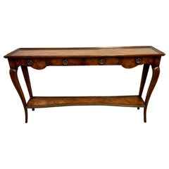 Long Two-Tiered Burled Walnut Four Drawer Console Table