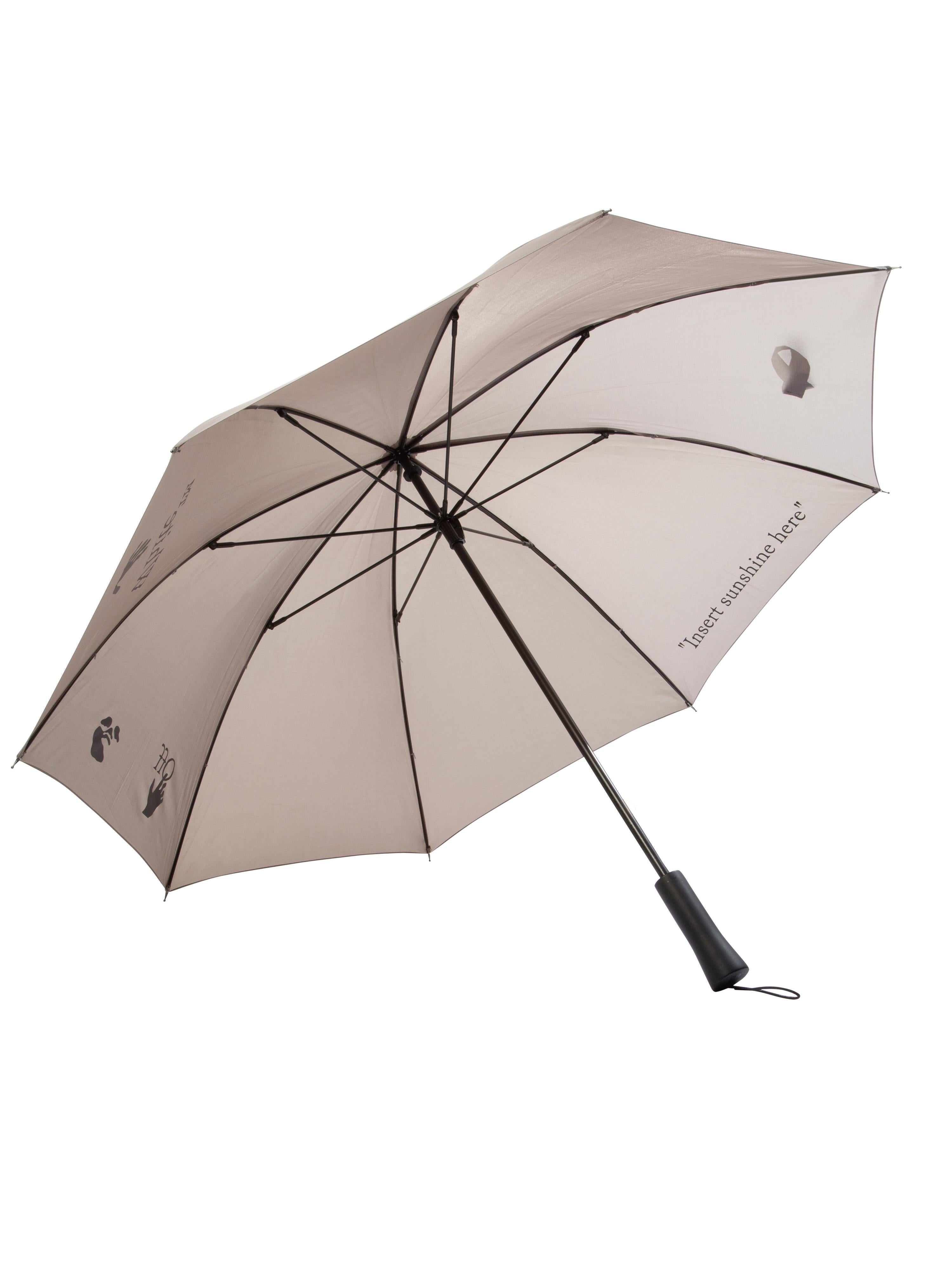 Traditional Long Umbrella in Taupe fabric, outisde white Man Swimming logo, inside quote 