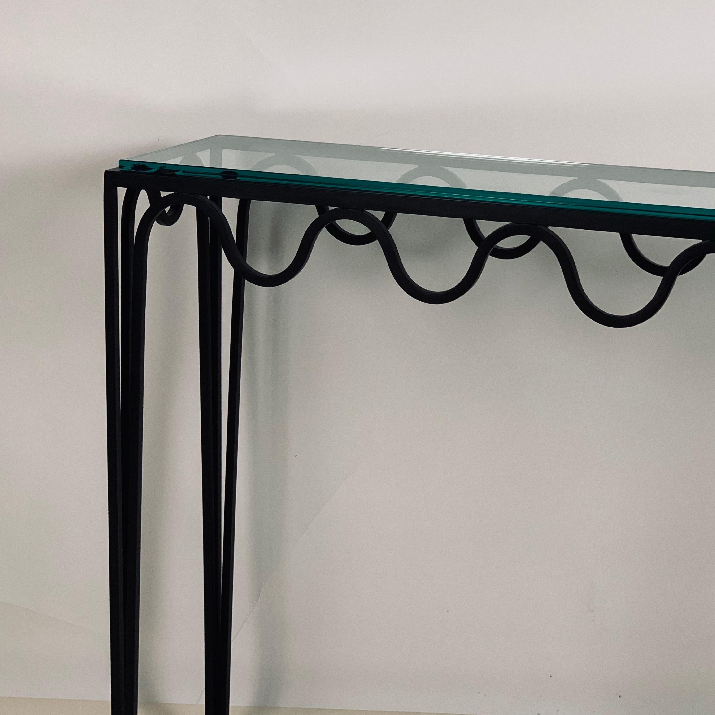 Modern Long Undulating 'Méandre' Wrought Iron and Glass Console by Design Frères For Sale