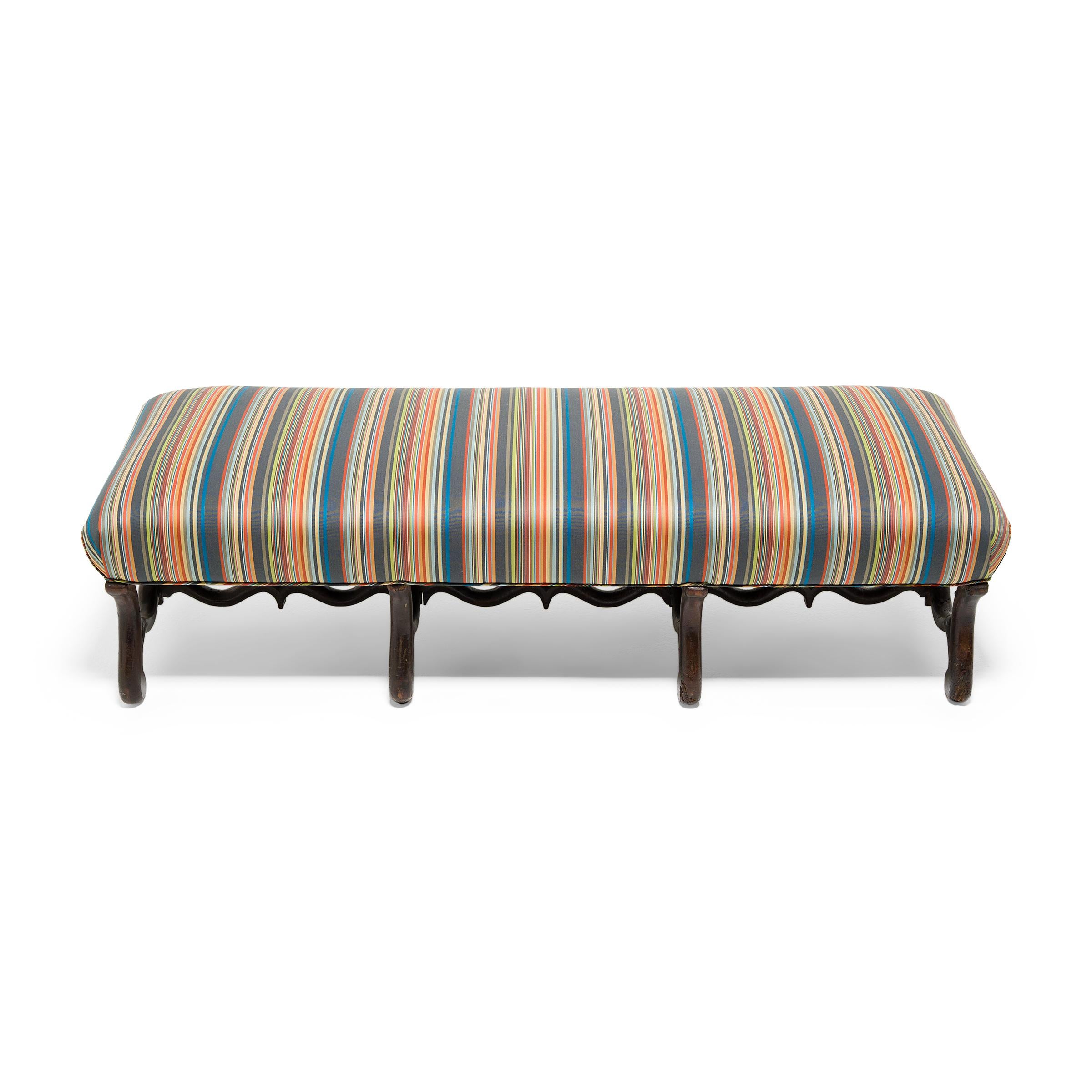 French Long Upholstered Os de Mouton Bench, c. 1800 For Sale