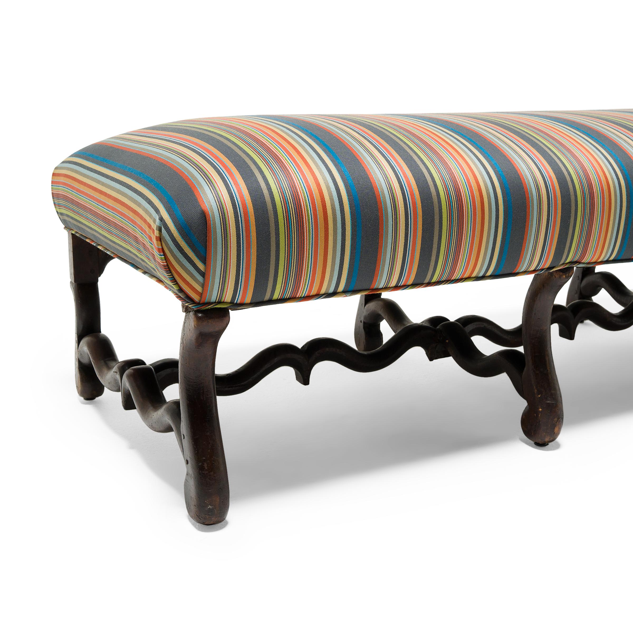 Carved Long Upholstered Os de Mouton Bench, c. 1800 For Sale