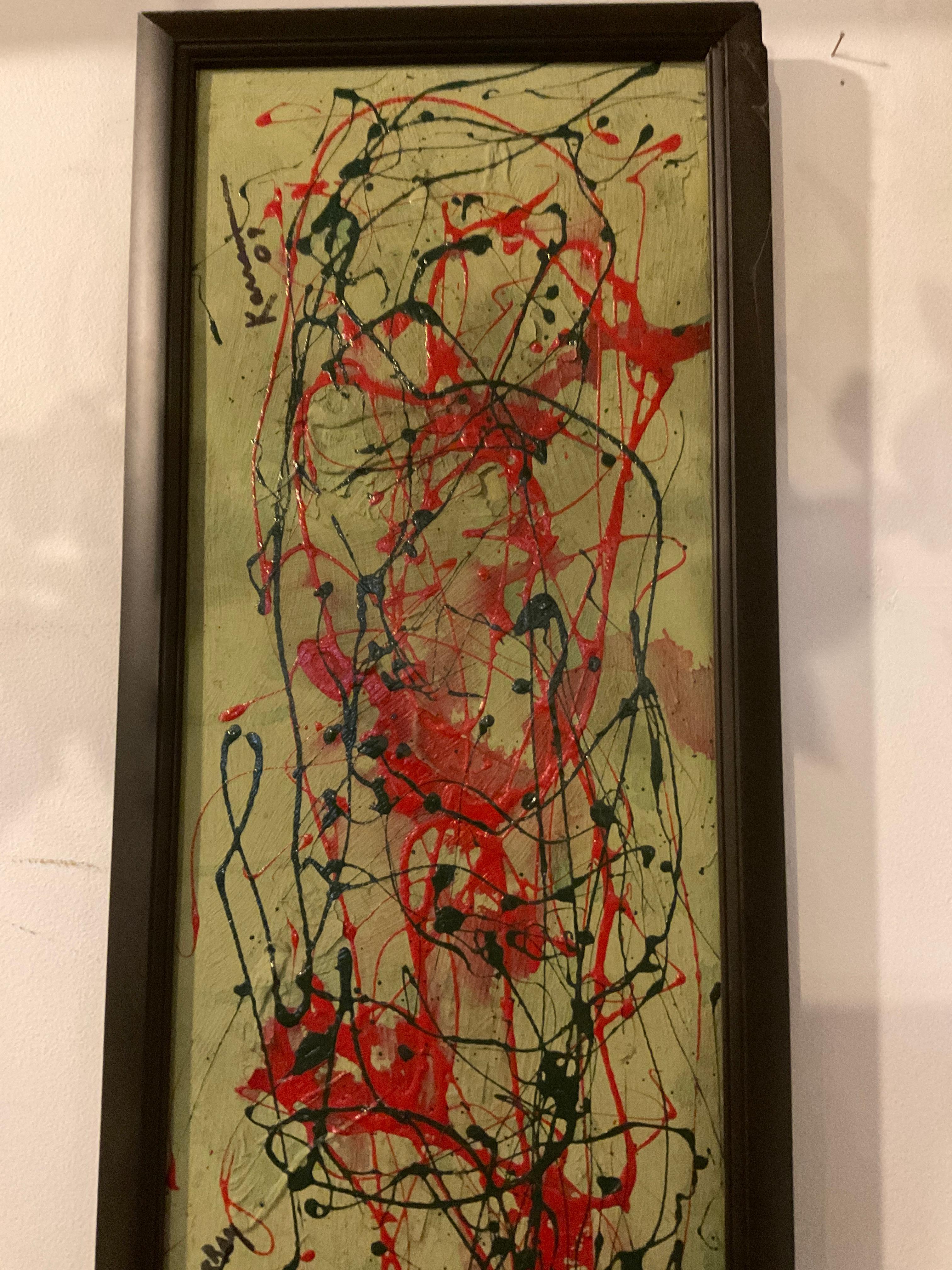 Late 20th Century Long Vertical Pollock Style Green And Red Oil On Board  Abstract Painting For Sale