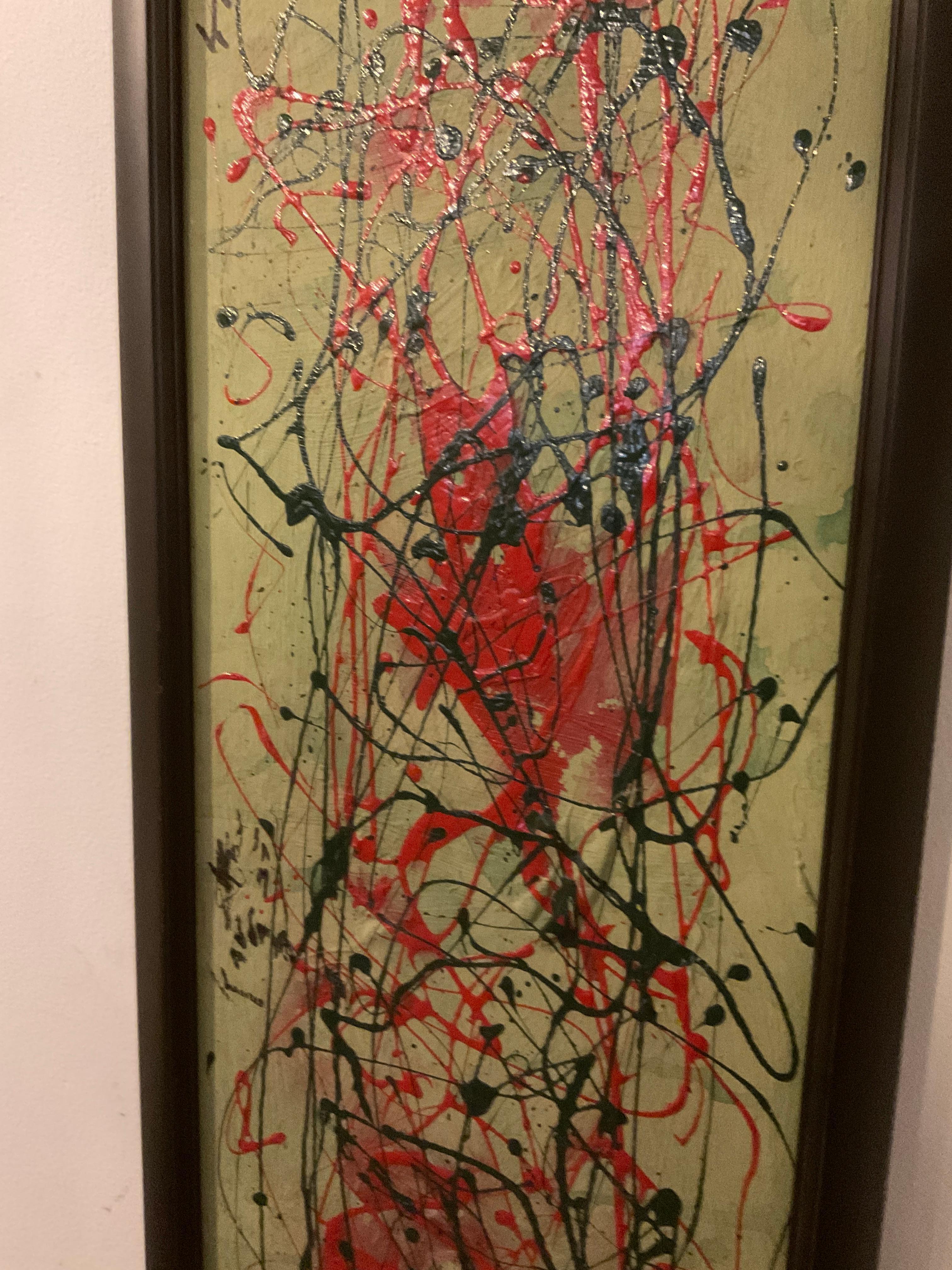 Wood Long Vertical Pollock Style Green And Red Oil On Board  Abstract Painting For Sale