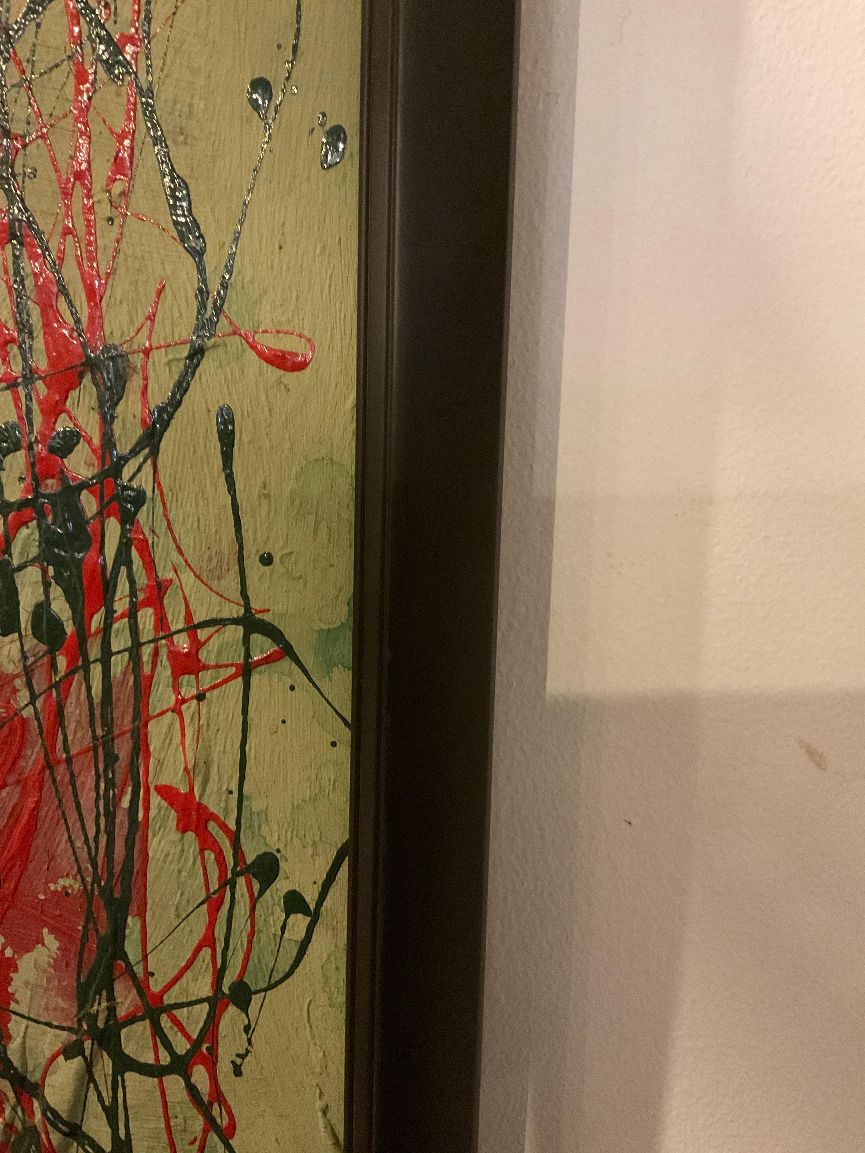 Long Vertical Pollock Style Green And Red Oil On Board  Abstract Painting For Sale 2