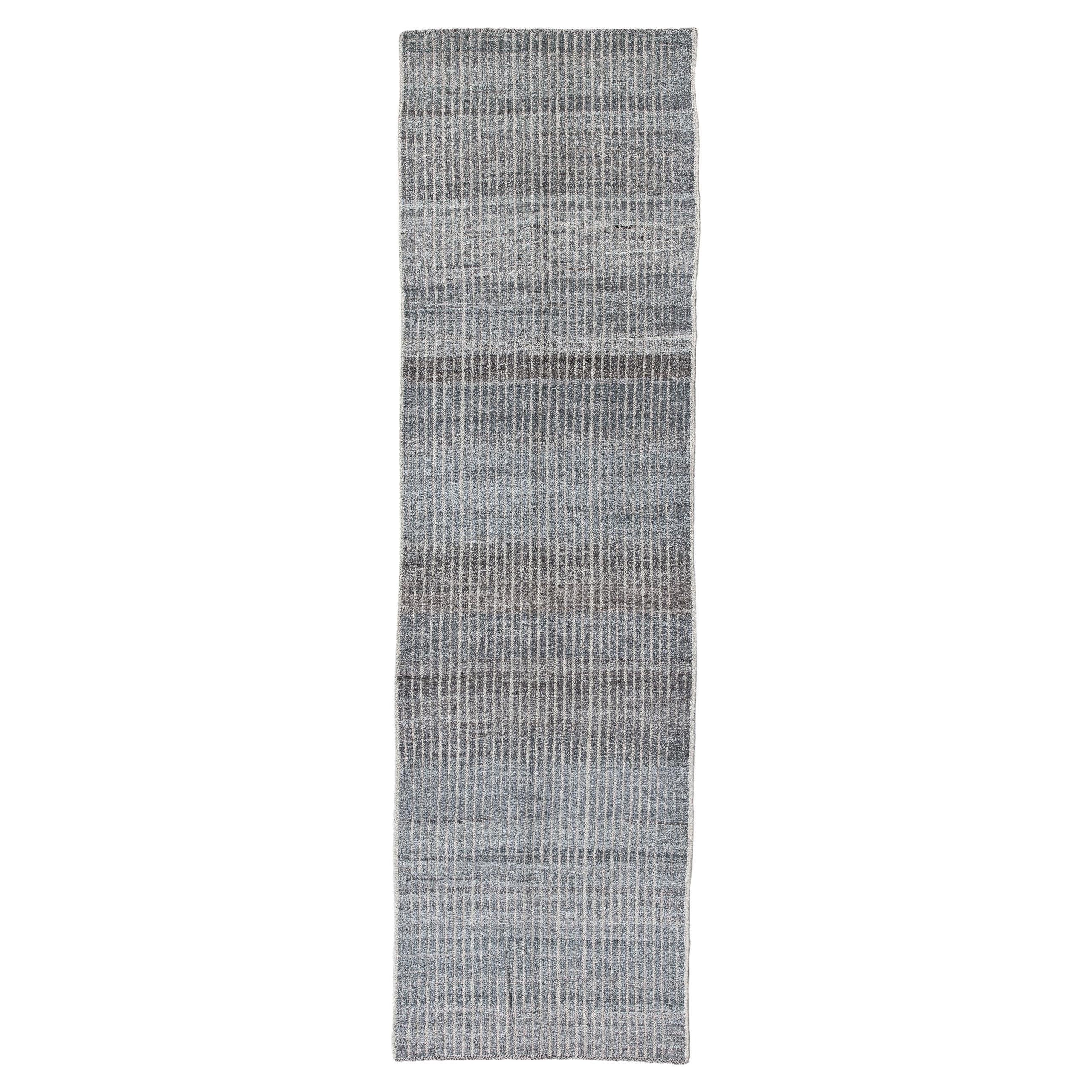 Long Vertical Striped Blue Steel Wool Tulu For Sale