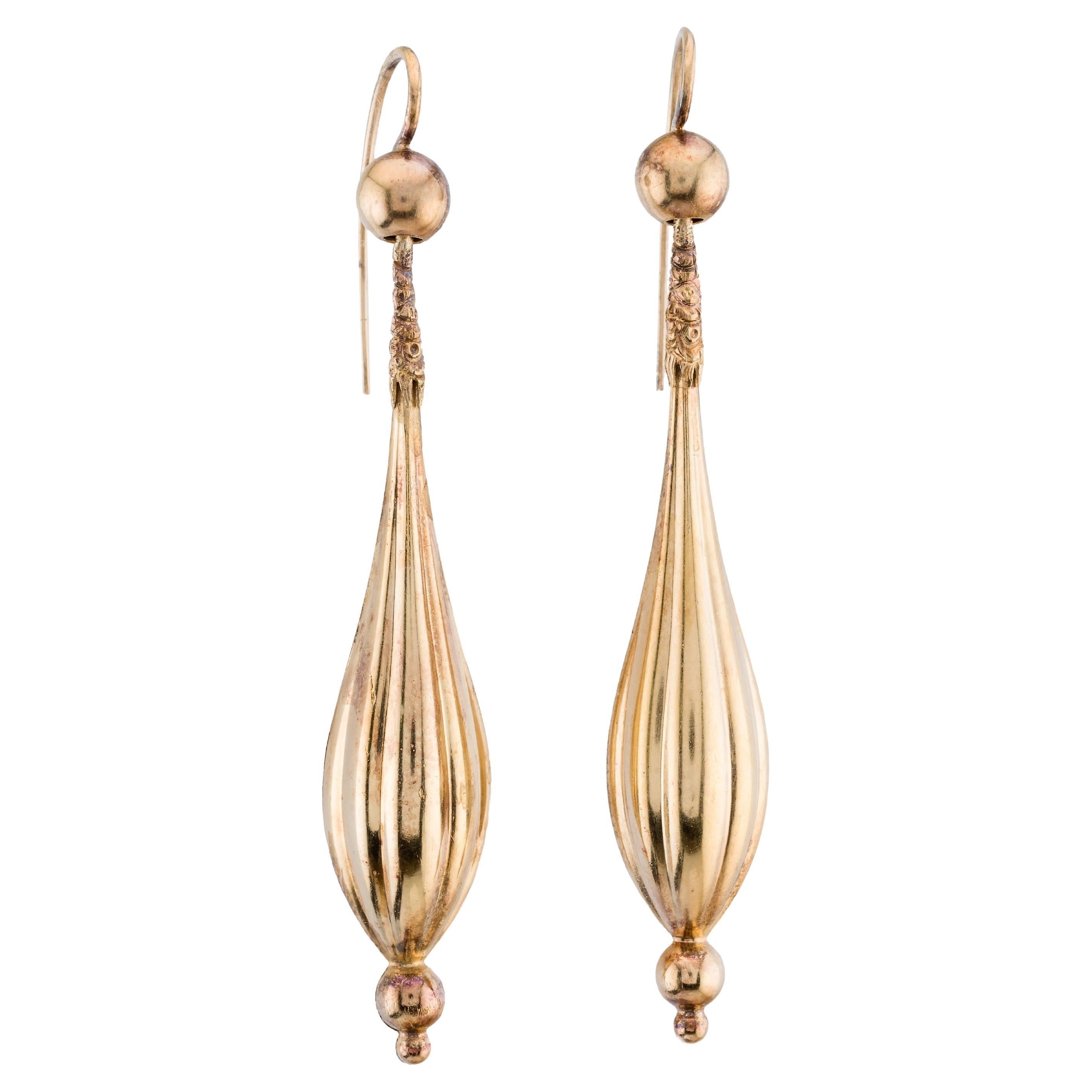 Long Victorian 18 Karat Gold Torpedo Form Dangle Earrings