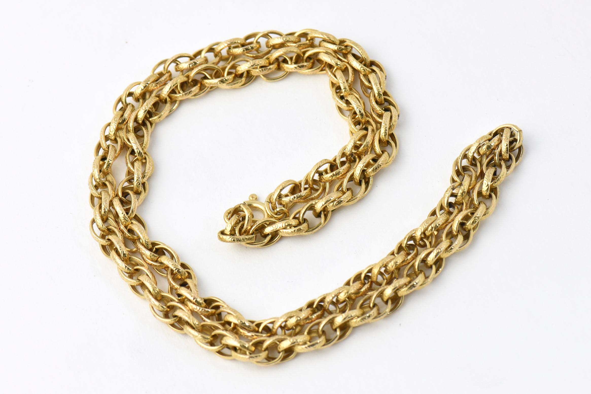Victorian handmade etched 10K gold chain link necklace with newer 18K gold jump ring clasp. Clasp marked: 750 (18K); chain acid tests as 10K. Necklace, 24