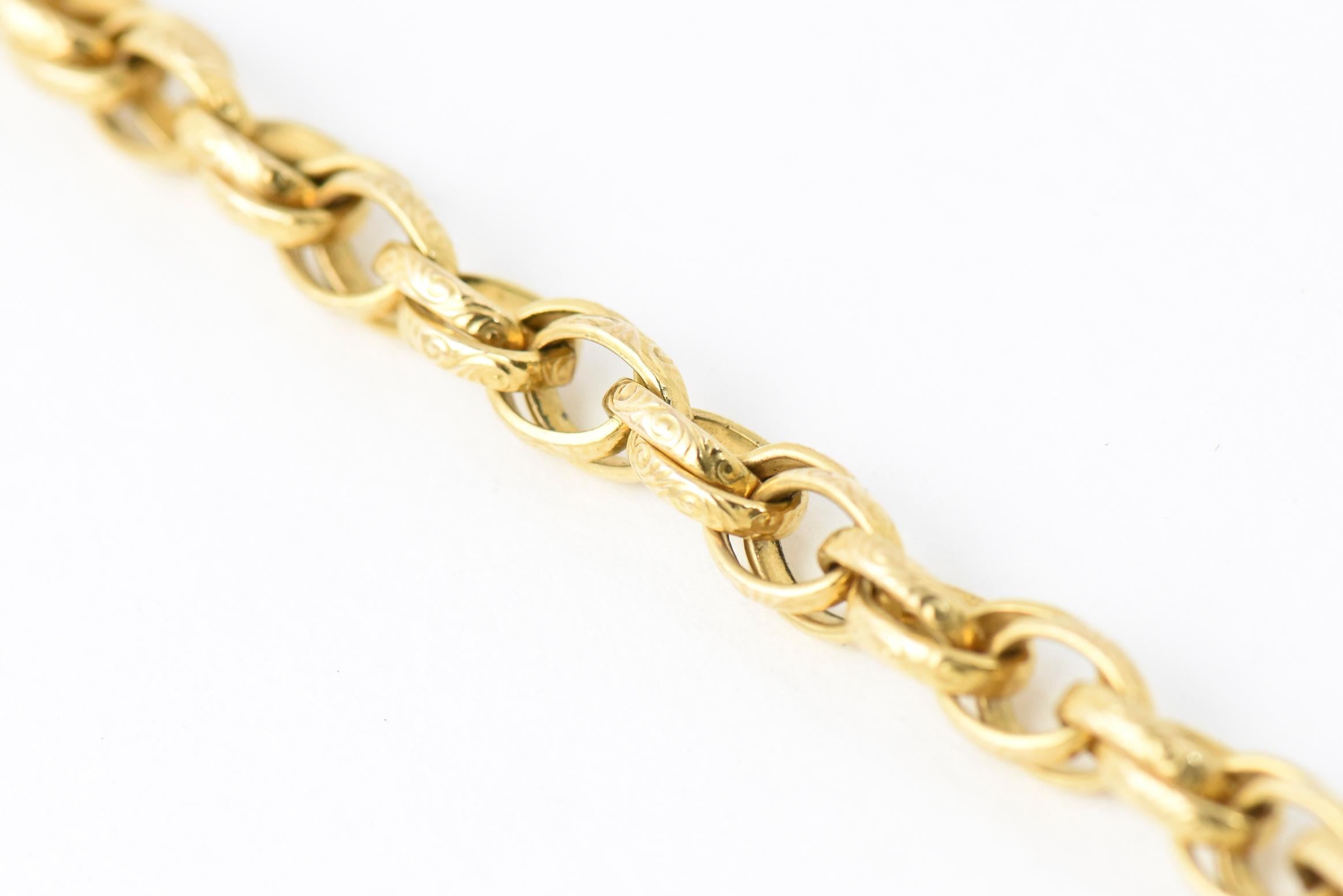 Women's or Men's Long Victorian Etched Yellow Gold Chain Necklace