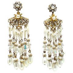 Long Vintage 1950s Faux Pearls & Crystal Dangling Earrings