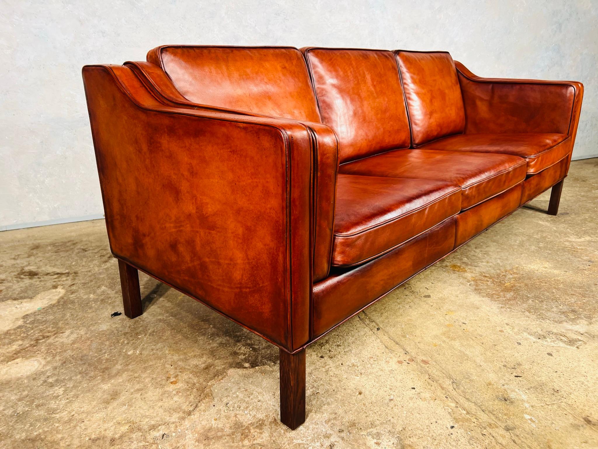 Long Vintage 1970s Danish Patinated Cognac 3 Seater Leather Sofa In Good Condition For Sale In Lewes, GB