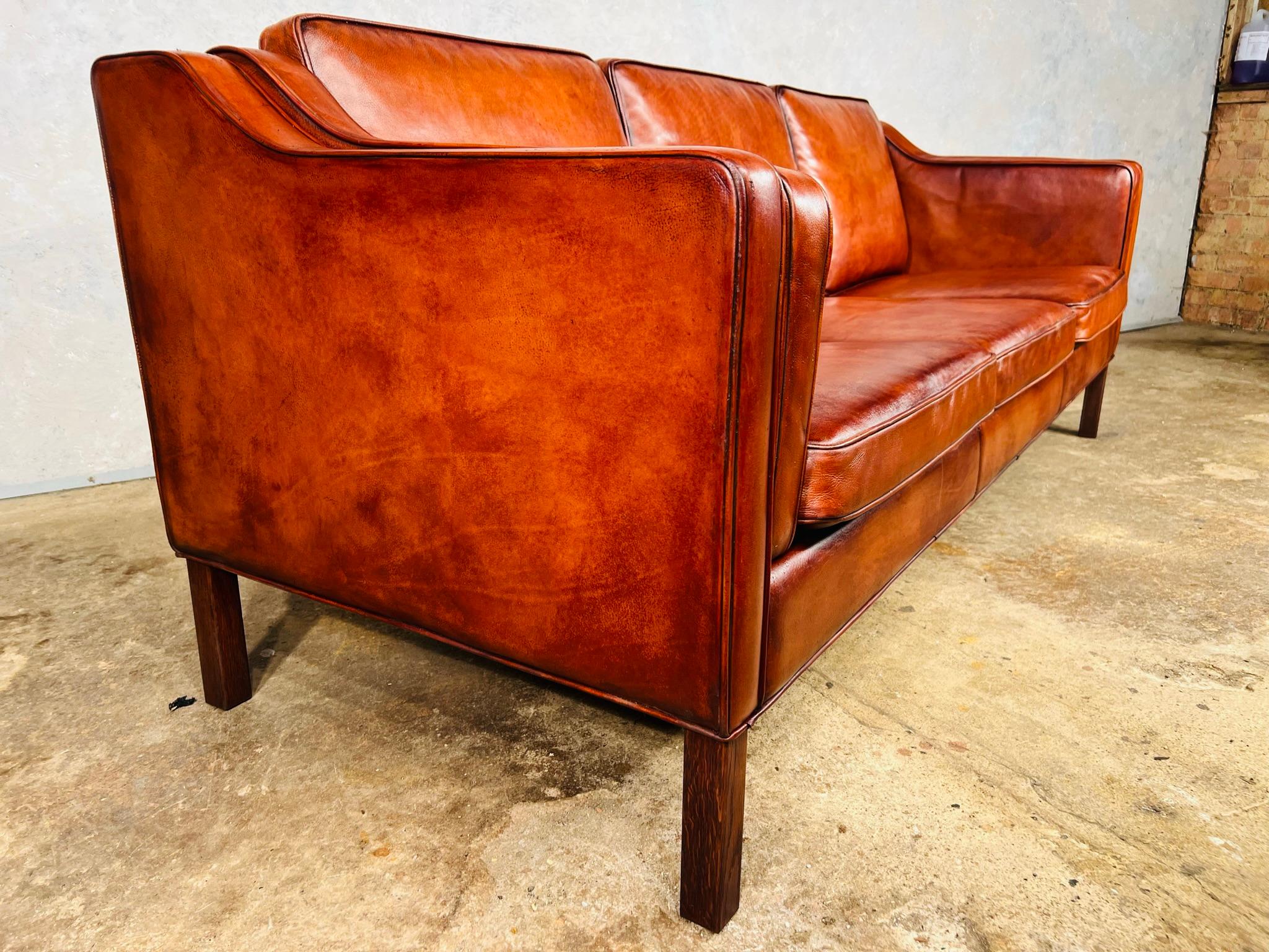 20th Century Long Vintage 1970s Danish Patinated Cognac 3 Seater Leather Sofa For Sale