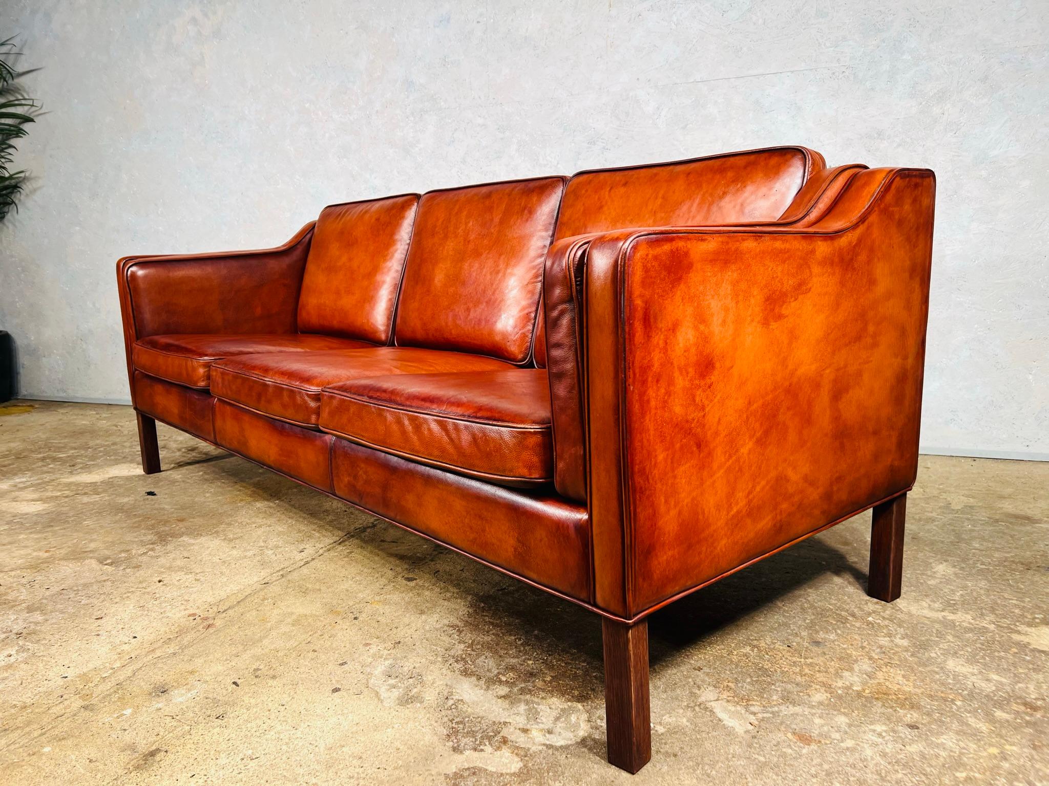 Long Vintage 1970s Danish Patinated Cognac 3 Seater Leather Sofa For Sale 1