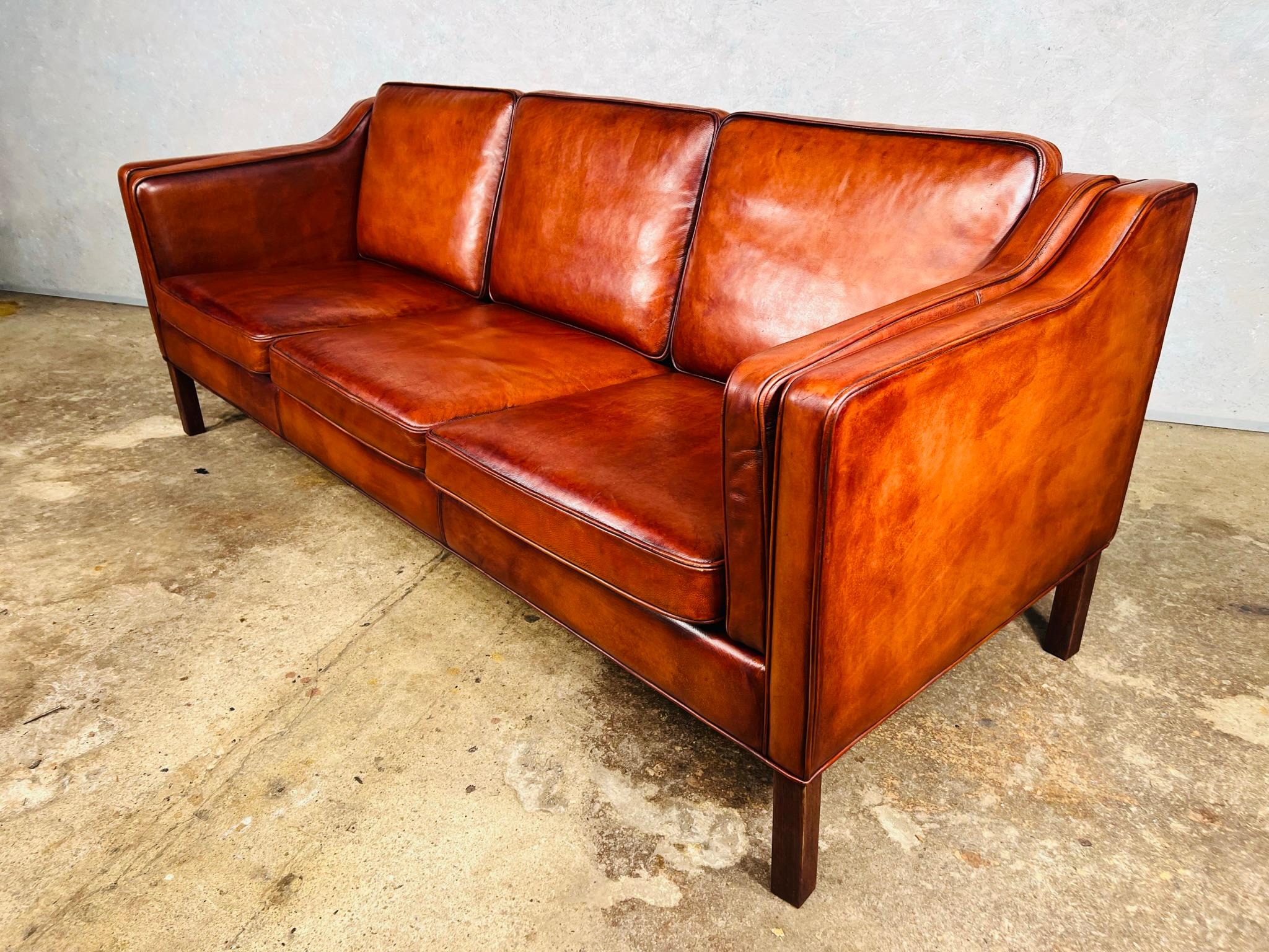 Long Vintage 1970s Danish Patinated Cognac 3 Seater Leather Sofa For Sale 2