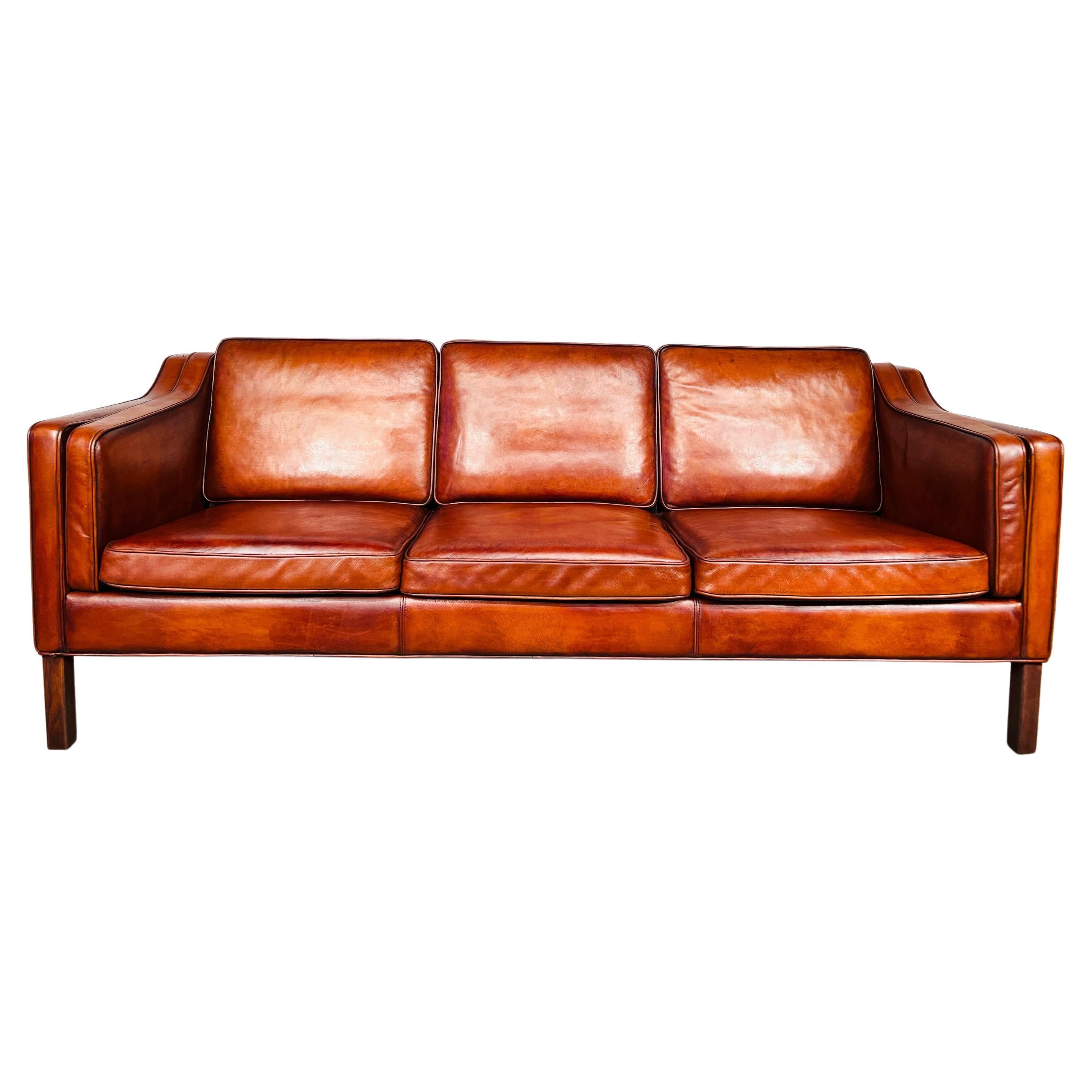 Long Vintage 1970s Danish Patinated Cognac 3 Seater Leather Sofa For Sale
