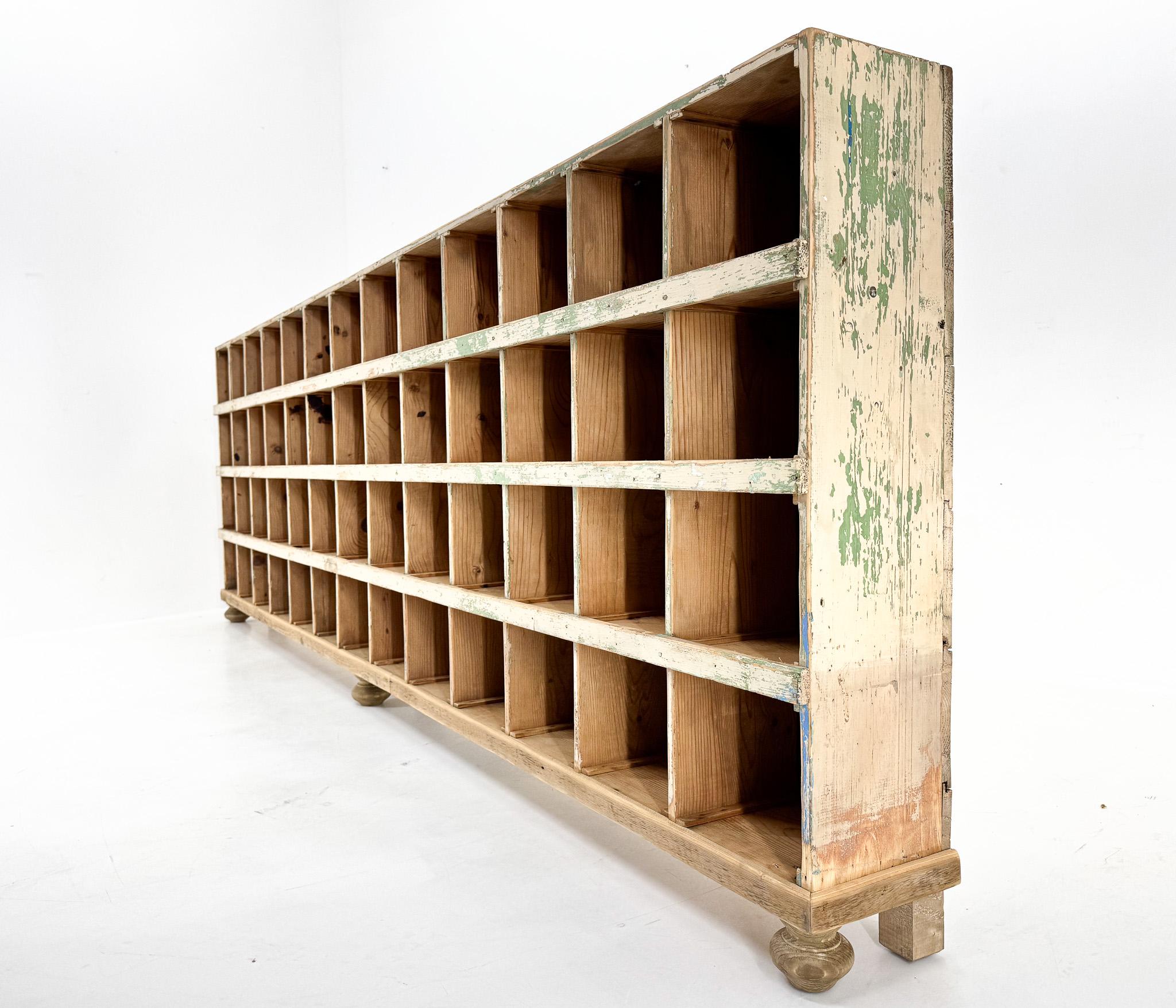 Czech Long Vintage All-Wood Industrial Cabinet with 52 Compartments For Sale