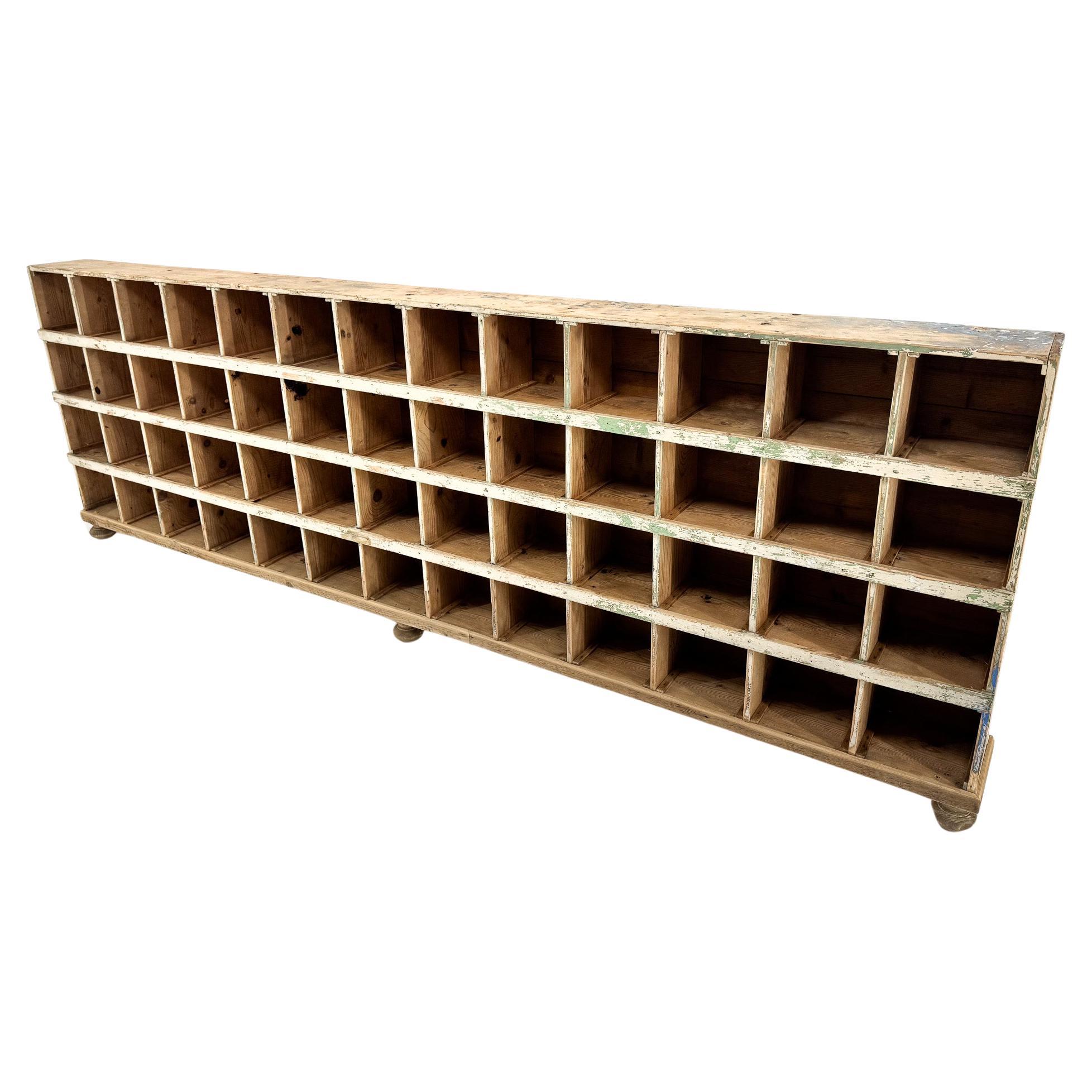 Long Vintage All-Wood Industrial Cabinet with 52 Compartments For Sale