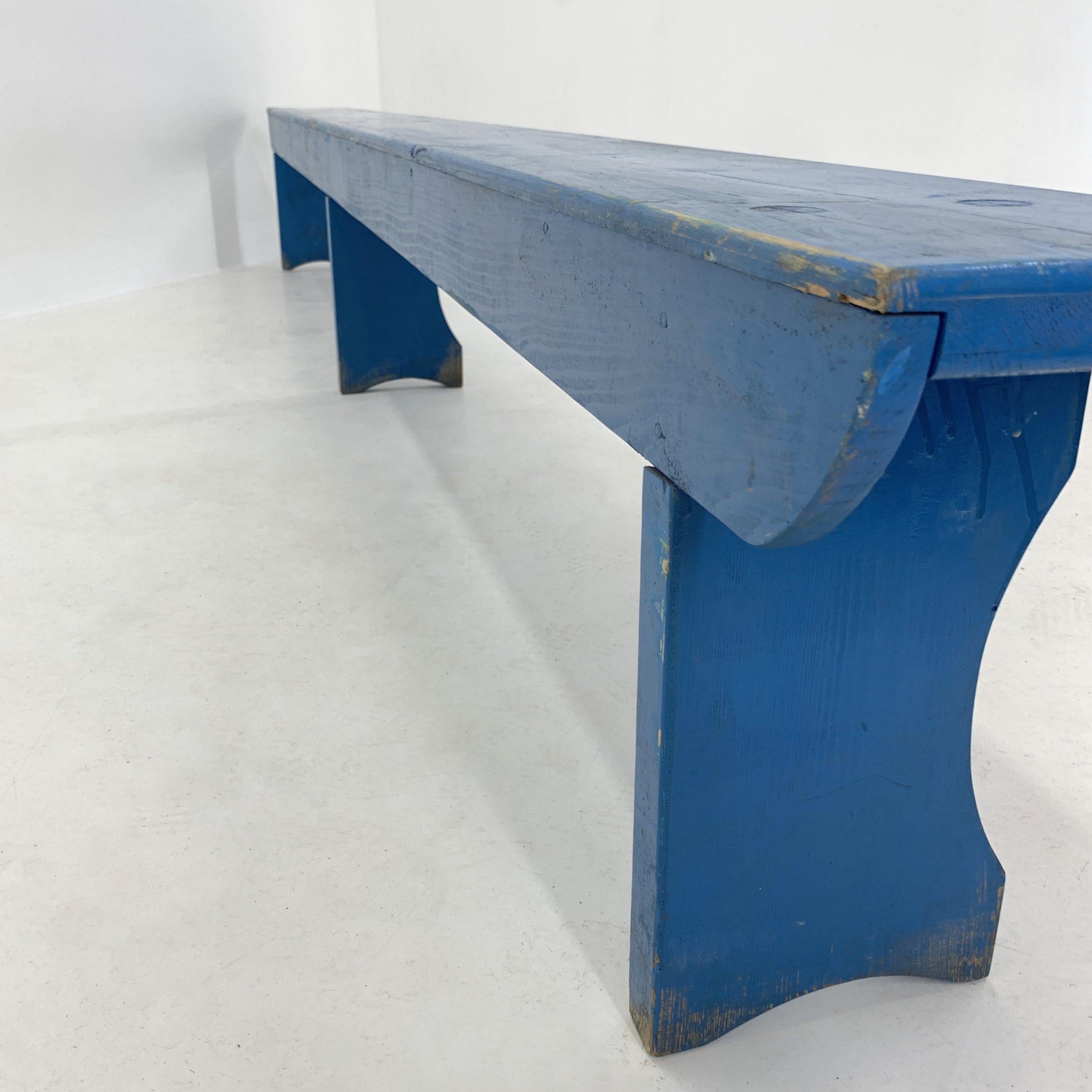 Mid-20th Century Long Vintage All-Wood School Bench with Original Paint, 1930s