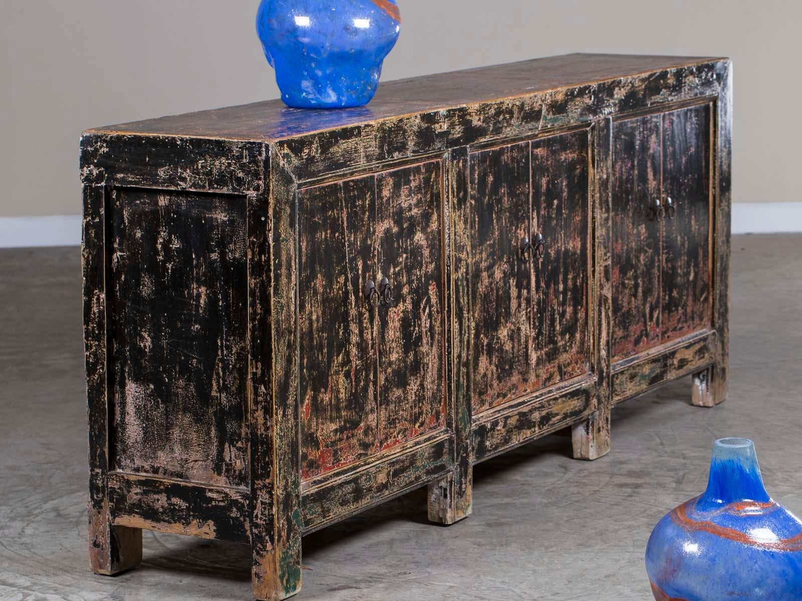 Long Vintage Chinese Painted Lacquer Buffet Credenza, circa 1940 5