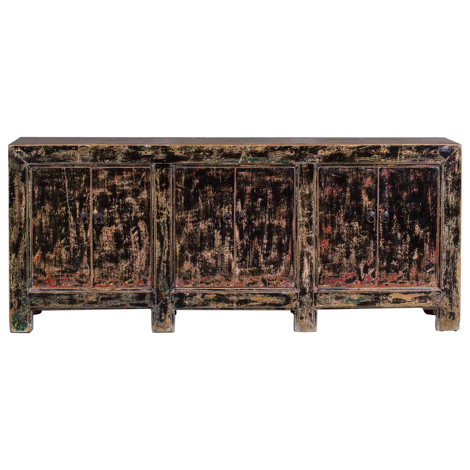 Long Vintage Chinese Painted Lacquer Buffet Credenza, circa 1940