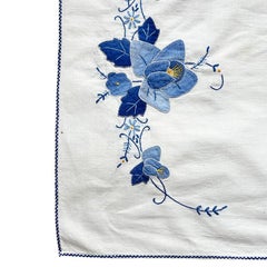 Long Vintage Chintz Embroidered Blue Floral Appliqué Tablecloth Runner