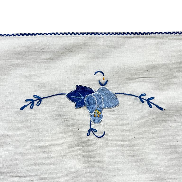 20th Century Long Vintage Chintz Embroidered Blue Floral Appliqué Tablecloth Runner For Sale