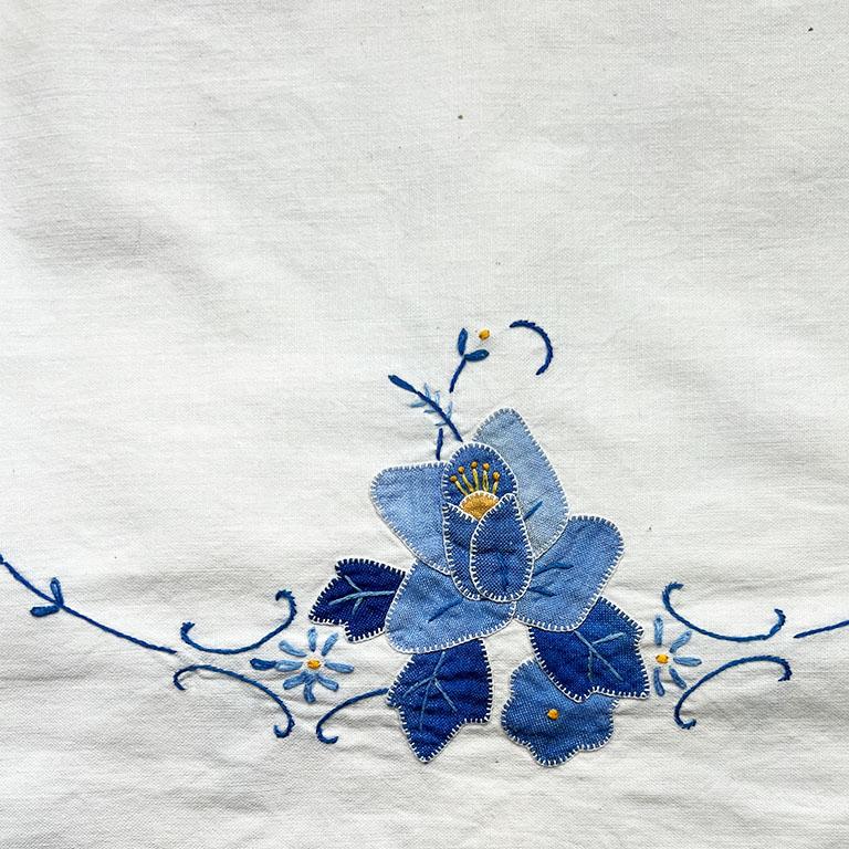Fabric Long Vintage Chintz Embroidered Blue Floral Appliqué Tablecloth Runner For Sale